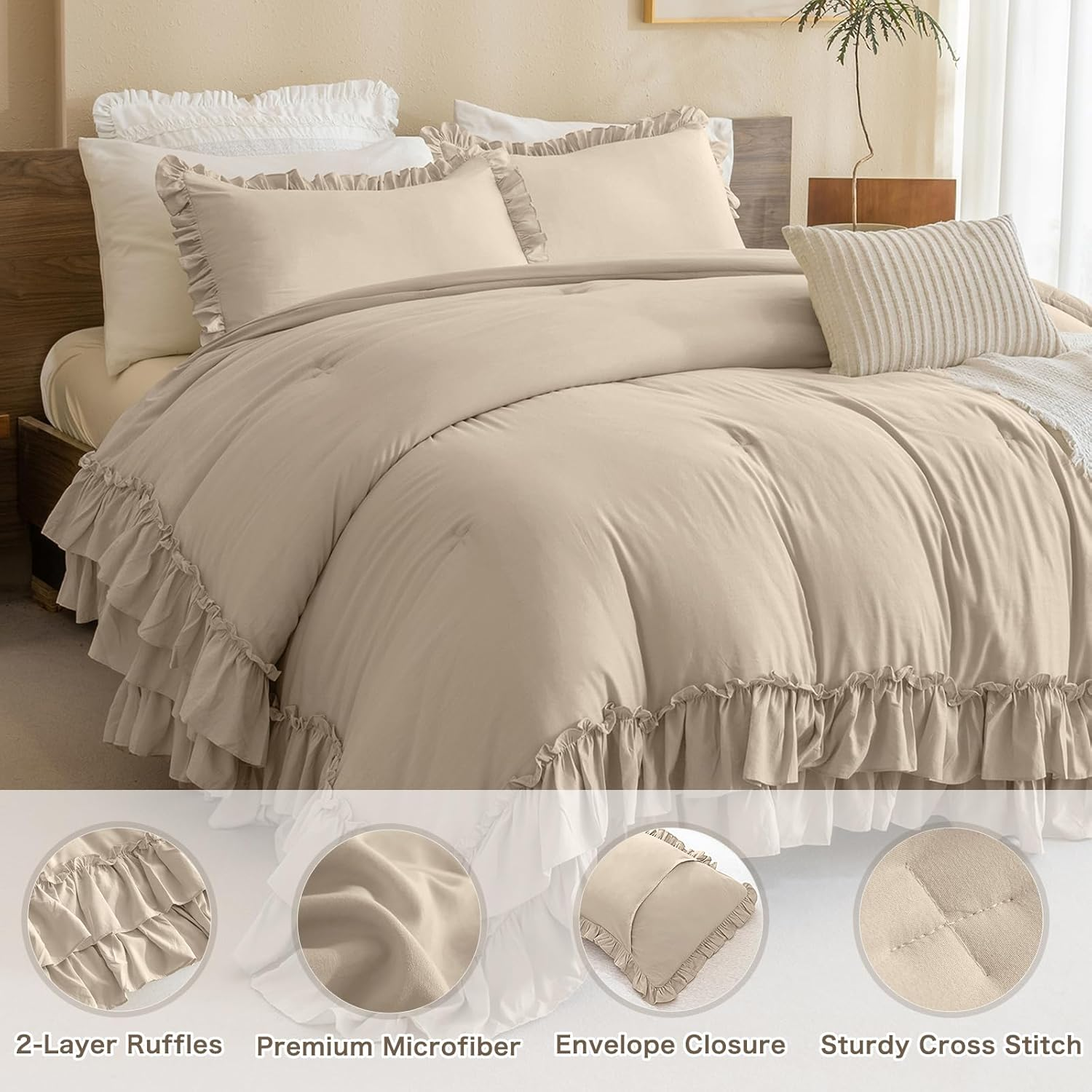 Masaca Ruffled Comforter Set Queen,3-Piece Farmhouse Shabby Boho Chic Bedding,Ultra Soft Linen Feel Textured Bed Comforter Set (1 Ruffle Comforter+2 Pillow Shams) image number 5