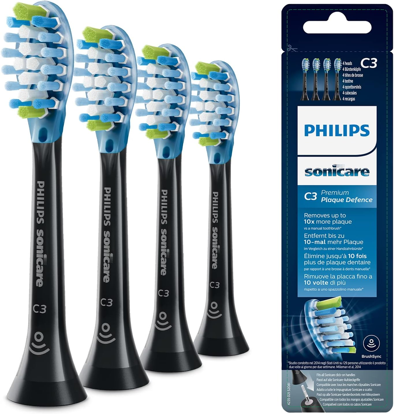 Philips Sonicare C3 Premium Plaque Defence Replacement Toothbrush Heads Set, Black (4 Pieces)