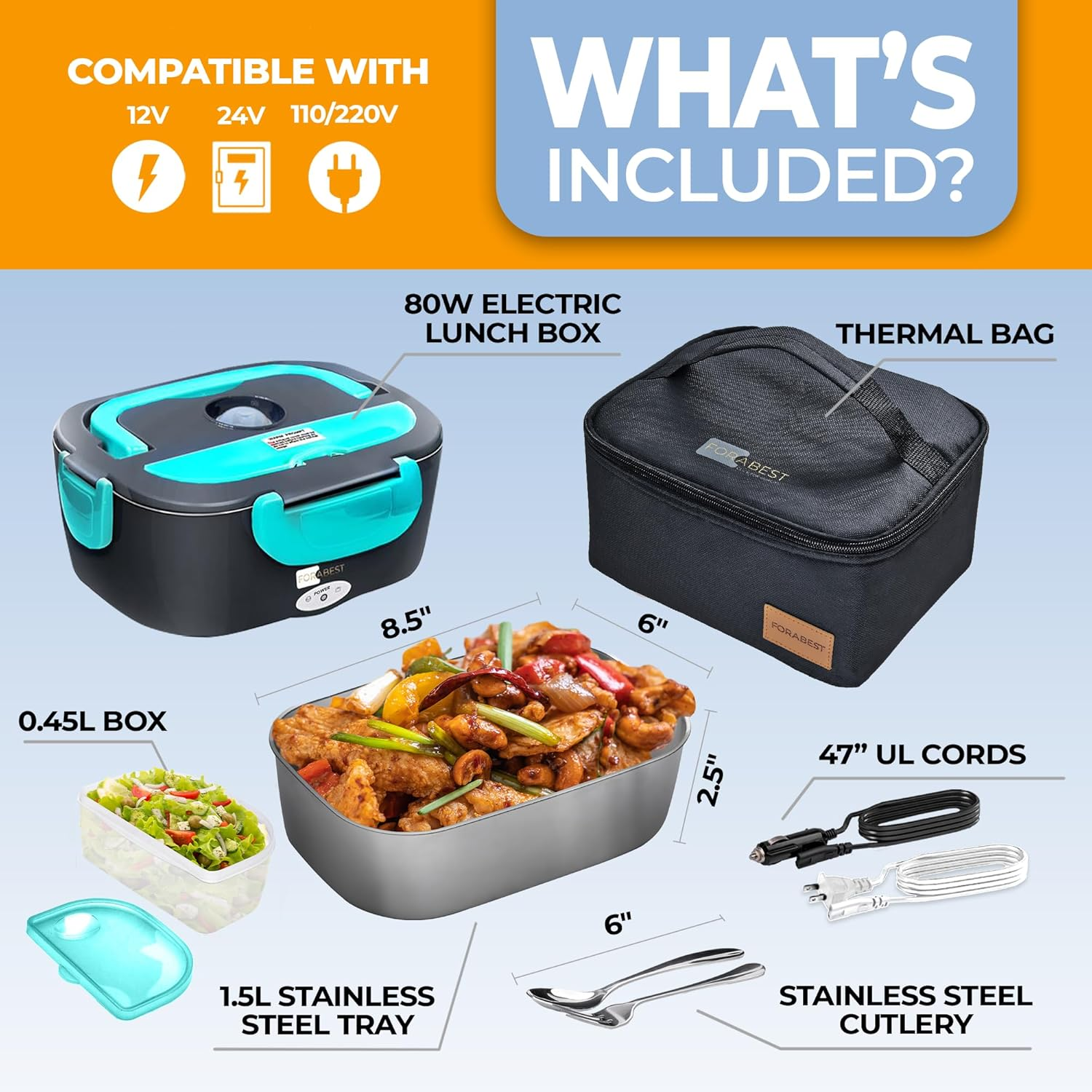 FORABEST Electric Lunch Box - Fast 60W Food Heater 3-In-1 Portable Food Warmer Lunch Box for Car & Home &ndash; Leak Proof, 2 Compartments, Removable 304 Stainless Steel Container, Fork, Spoon and Carry Bag image number 1