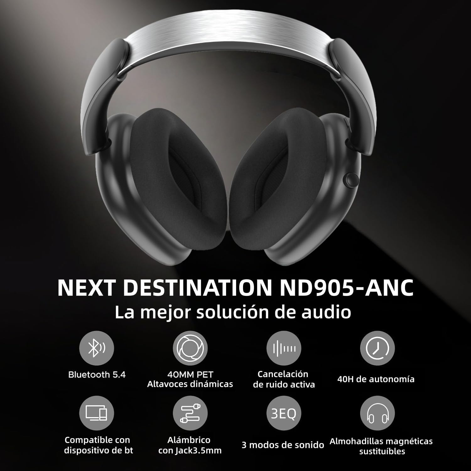 Next Destination ND905-ANC Wireless Headphones with Bluetooth 5.4 Active Noise Cancellation, 40 Hours Battery Life, Strong Bass Wireless Headphone with Microphone and Magnetic Ear Pads image number 2
