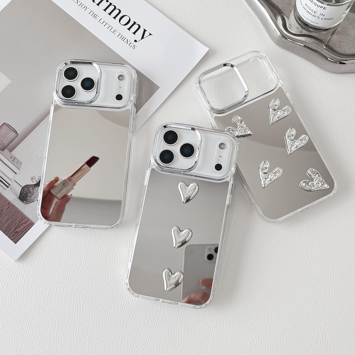 ZTOFERA for Iphone 17 Pro Max Case, Cute Mirror Case with 3D Love Heart for Girls Women Makeup, Flexible Shockproof Anti-Scratch Protective Cover for Iphone 17 Pro Max - Sliver 5 Hearts image number 1