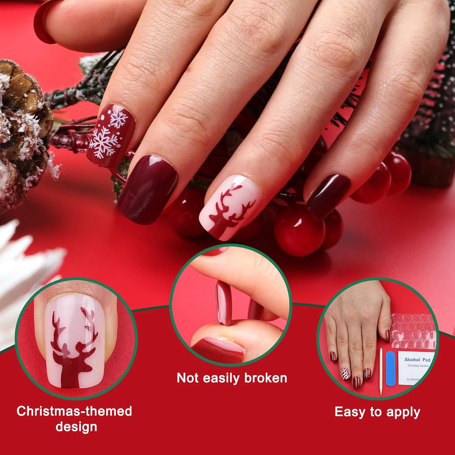 Yazikisa Christmas Press on Nails Short Square Fake Nail Snowflake Xmas Elk Winter Red Glue on Full Cover Glossy Acrylic False Fingernails for Women Girls New Years 24 Pcs image number 3