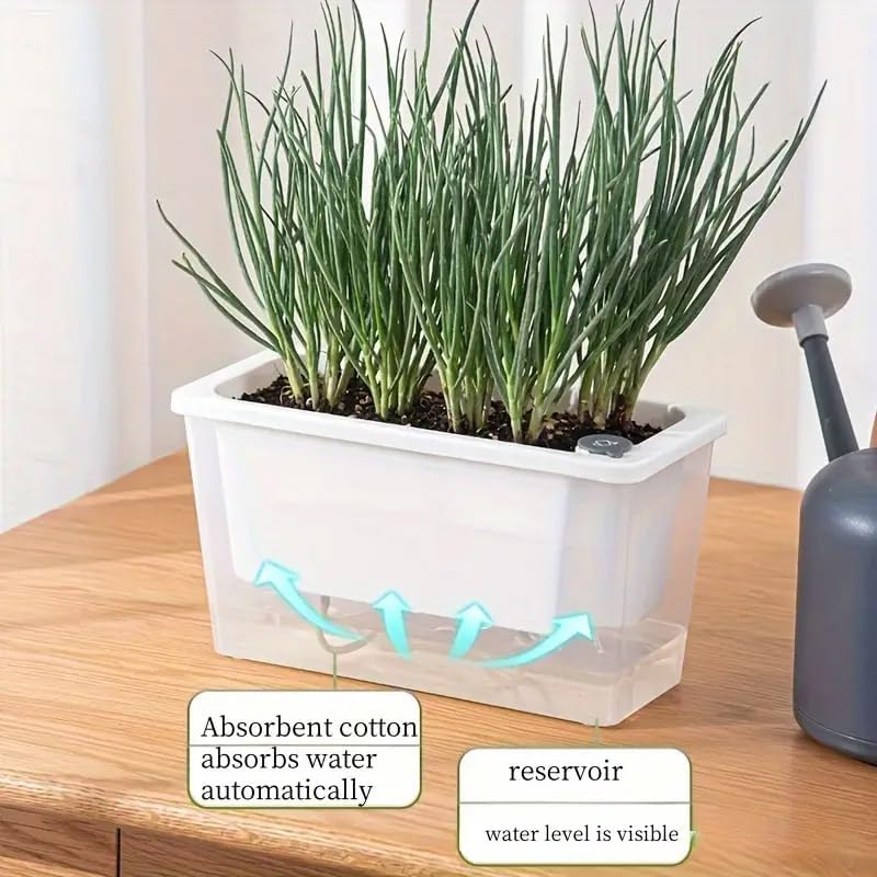 AIMALL Self-Watering Square Planter for Indoor Gardening, Balcony Vegetable Pot with Absorbent Cotton, Lazy Self-Priming Flower Pot, 10.43"X4.72"X5.5" - White image number 5