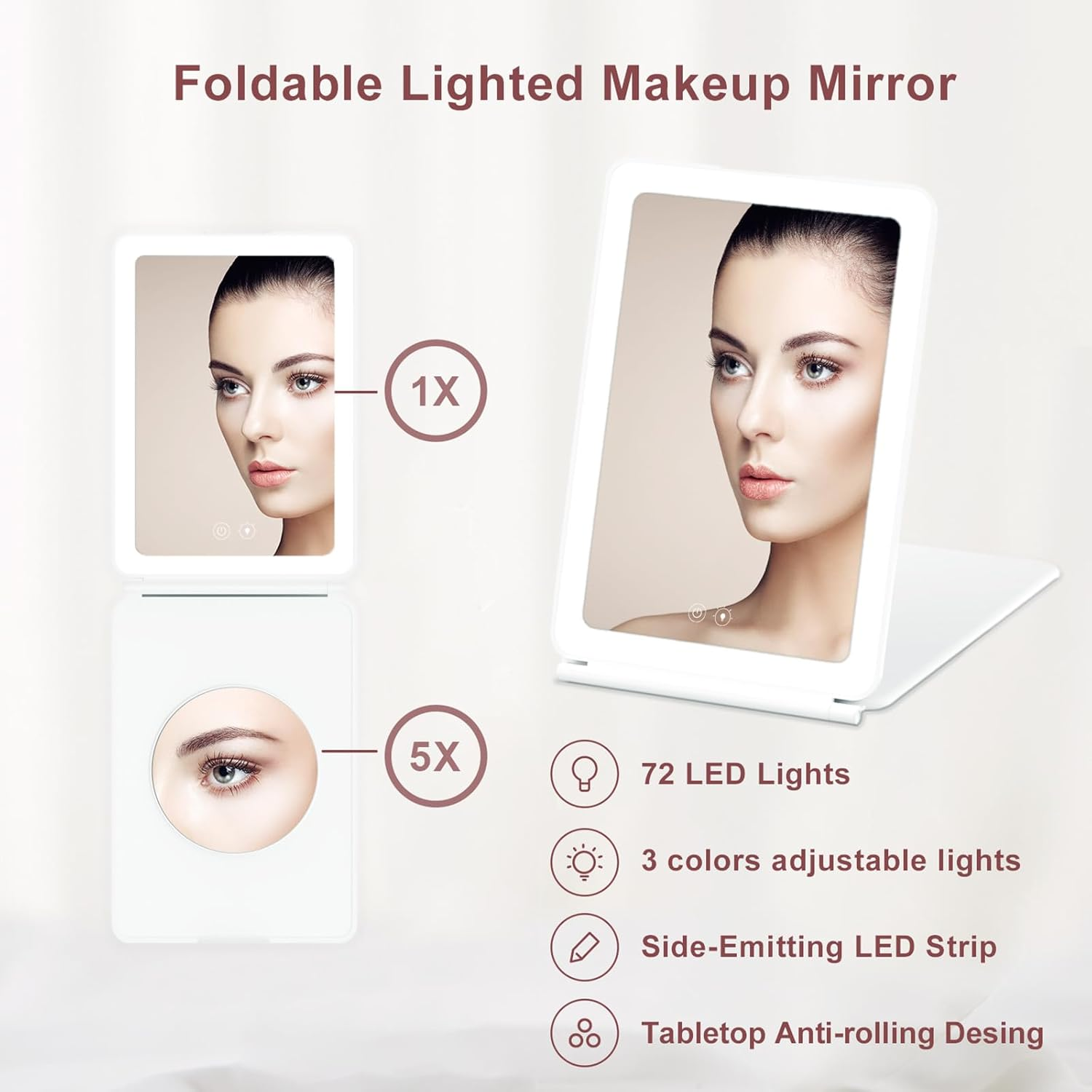ROTOPATA Rechargeable Travel Makeup Mirror with 5X Magnification, Portable Lighted Travel Mirror with 72 Leds, 3 Color Lighting Foldable Compact Vanity Mirror with Dimmable Touch Screen image number 6
