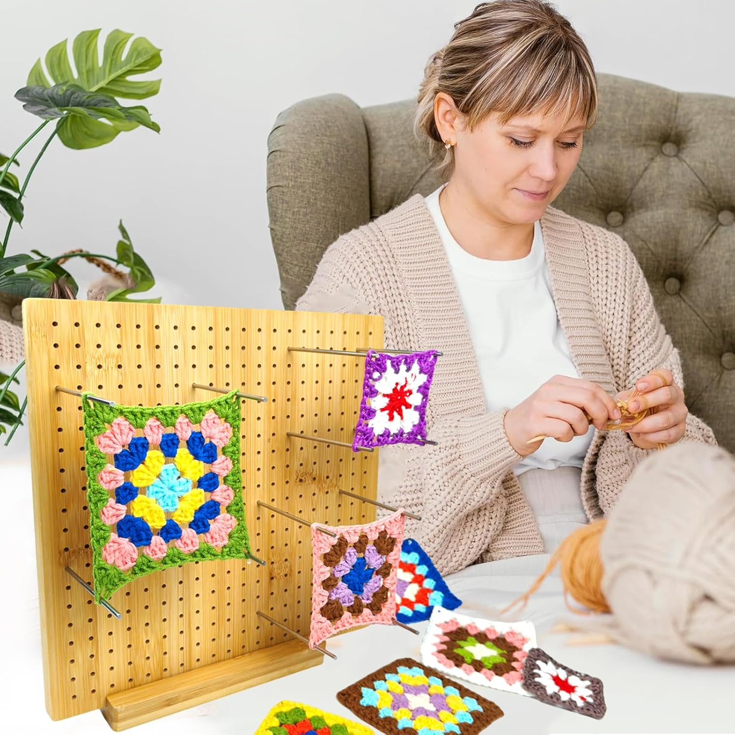 Mint'S Colorful Life 28Cm Crochet Blocking Board with 20 Pcs Steel Pins and 5 Crochet Hook, Bamboo Wooden Knitting Blocking Mats for Crocheting Knitting, Granny Squares Crochet Projects Gifts for Mothers Grandmothers