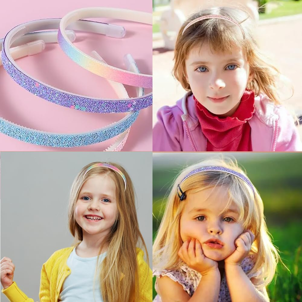 Visxcnu Pack of 4 Glitter Hair Bands Colourful Hair Accessories Plastic Glitter Cute Non-Slip Thick Glitter Confetti Rainbow Hair Bands with Teeth for Little Girls image number 1