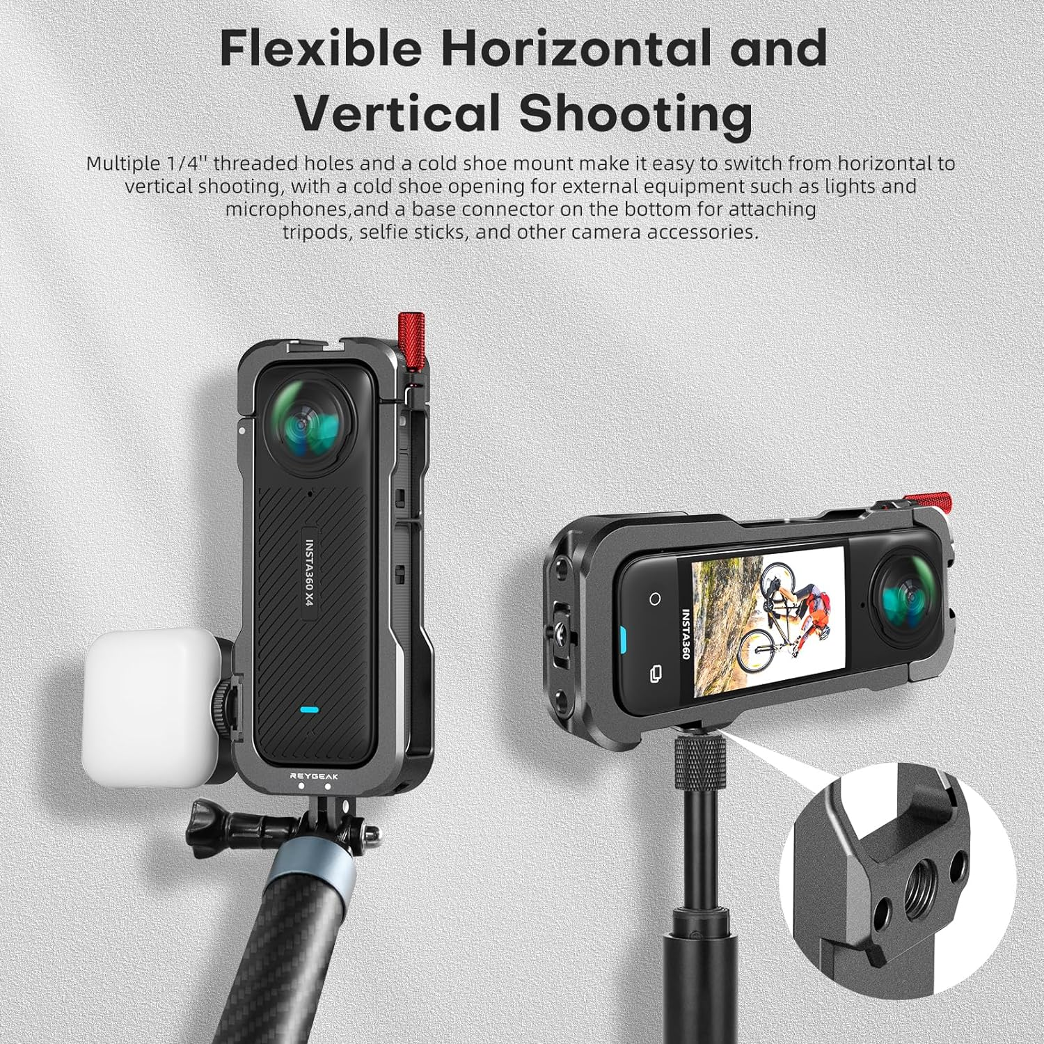 REYGEAK for Insta360 X4 Case, Aluminium Utility Frame for Insta360 X4,Protective Cage with Silicone Lens Cover,Cold Shoe Interface with 1/4" Threads Cold Shoe Mount Folding Fingers image number 4