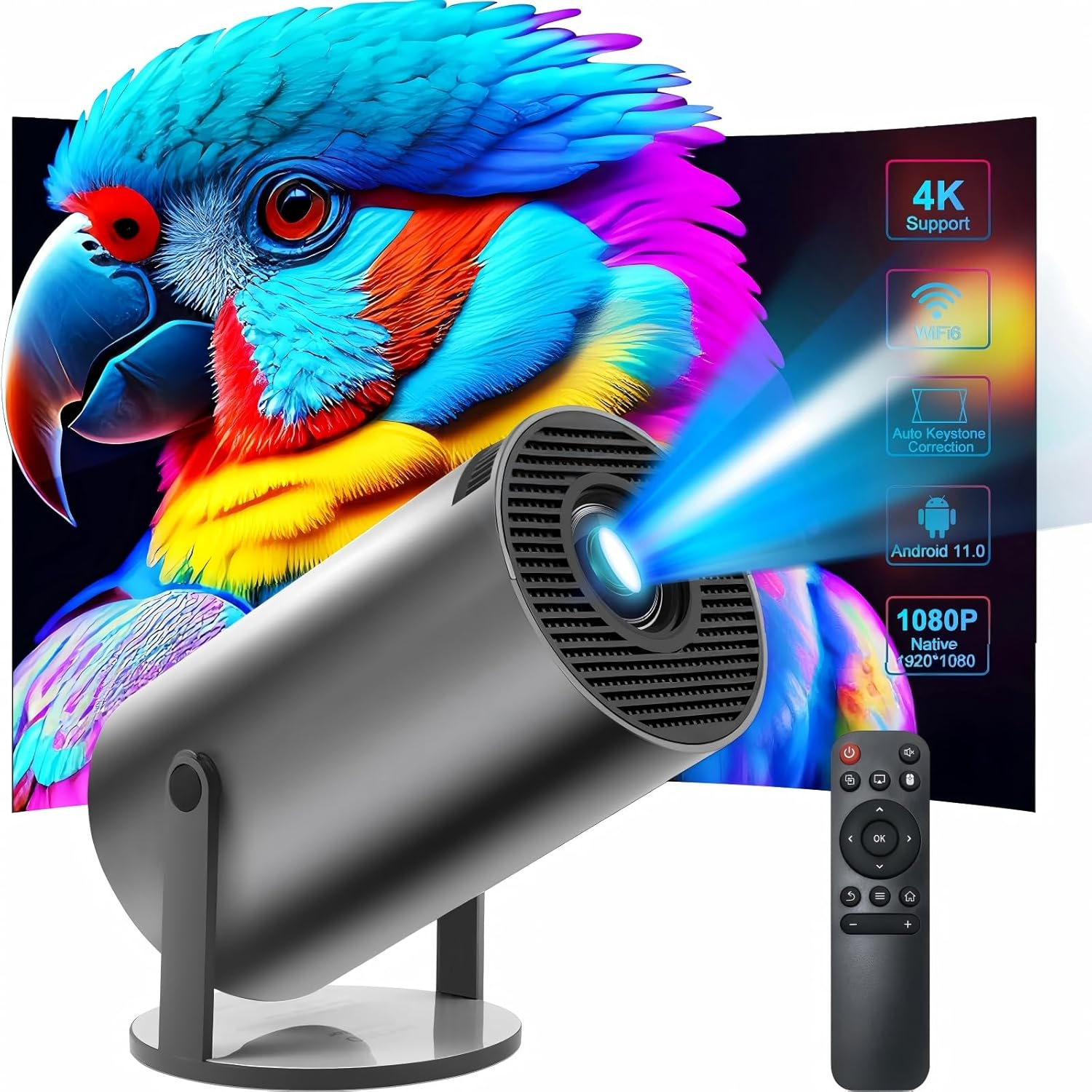 Mini Projector 1080P 4K Support with Wifi 6 & Two-Way Bluetooth 5.2, Portable HY300 Pro+ Smart Projector Manual Focus, 180&deg; Rotatable, Movie Home Bedroom Outdoor Projector for Phone, Laptop, PC, Black