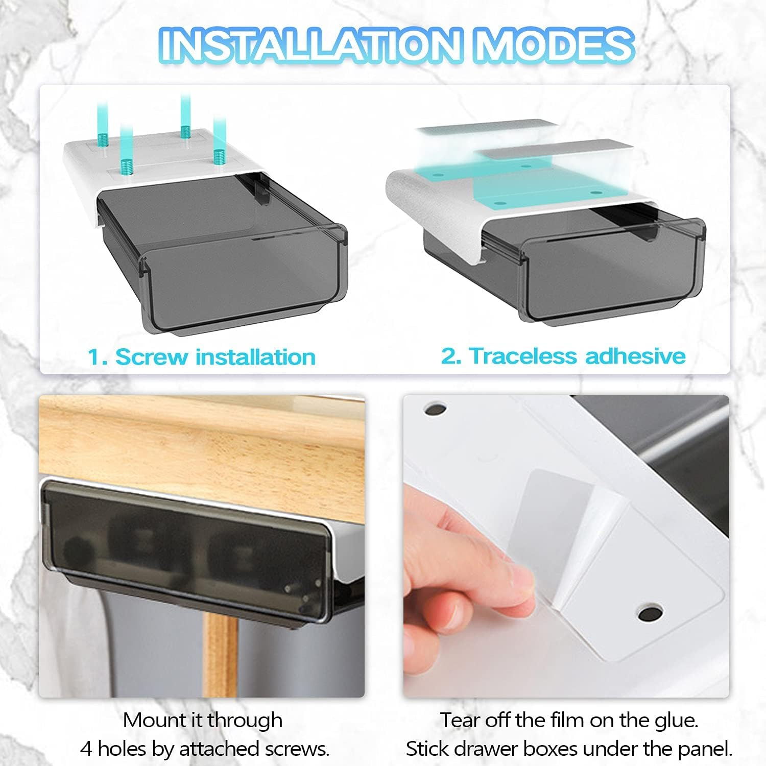 2 Pack Larger under Desk Drawer Organizer, Slide Out Desk Drawer, Clear Plastic Drawer under Desk for Office, School, Home, Hidden Desktop Organizer Pen Holder for Desk Self-Adhesive (BLACK) image number 2