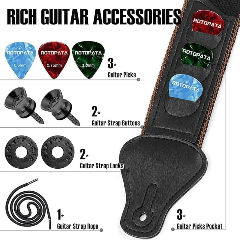 ROTOPATA Guitar Strap with Pick Holders, 2 Buttons 2 Locks 3 Guitar Picks, Cotton Strap with Leather Ends, Length Adjustable image number 3