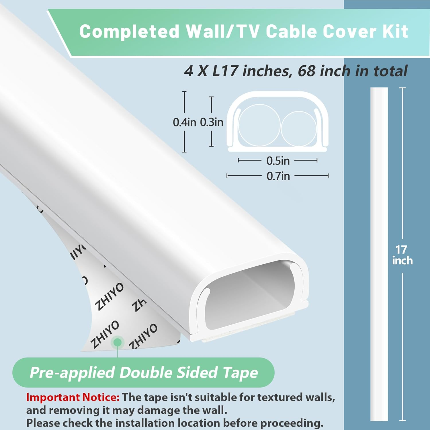 Wire Covers for 2 Cords, 68In Wire Hider on Wall Mounted, White Cord Cover Kit, Cable Cover Paintable, Cable Concealer for Extension Cord, Ethernet Cable, Speaker Wire Hider, 4X L17In W0.7In H0.4In image number 1