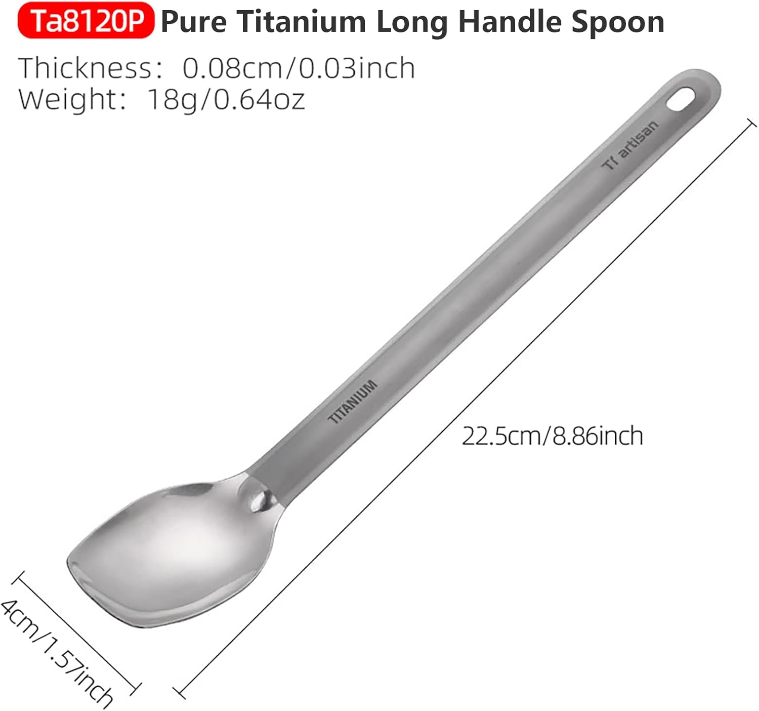 Titanium Spork Long Handle Spoon Camping Spork Ultralight Camping Utensils Ultralight Portabale Table Flatware for Outdoor Backpacking Hiking Travel Picnic with Bag (Spoon (TA8120P)) image number 3