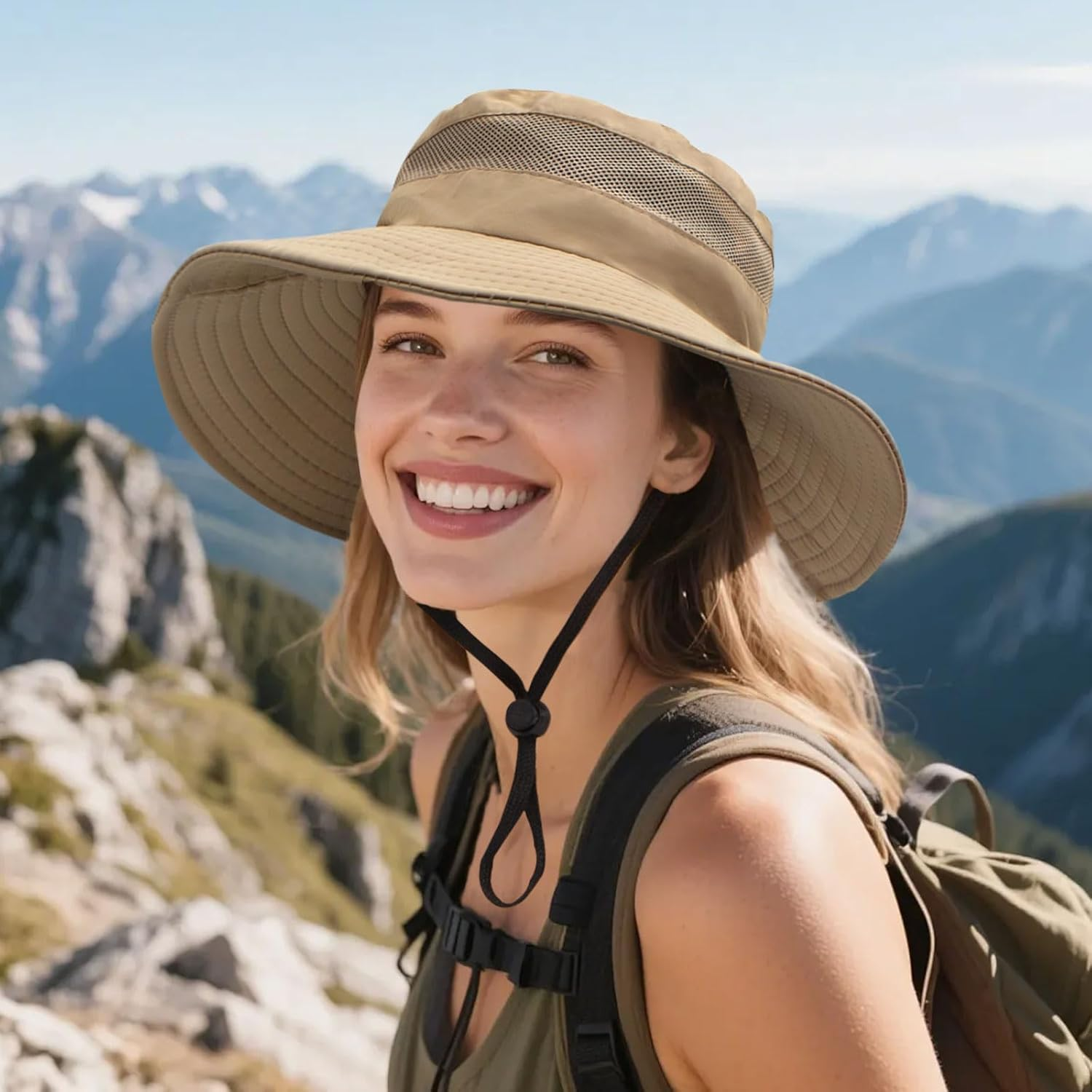 LJCZKA Wide Brim Sun Hat for Men Women,Unisex Waterproof Packable Bucket Hat with Chin Strap,Breathable Mesh Bucket Hat with Criss Cross Ponytail Hole - Khaki image number 2