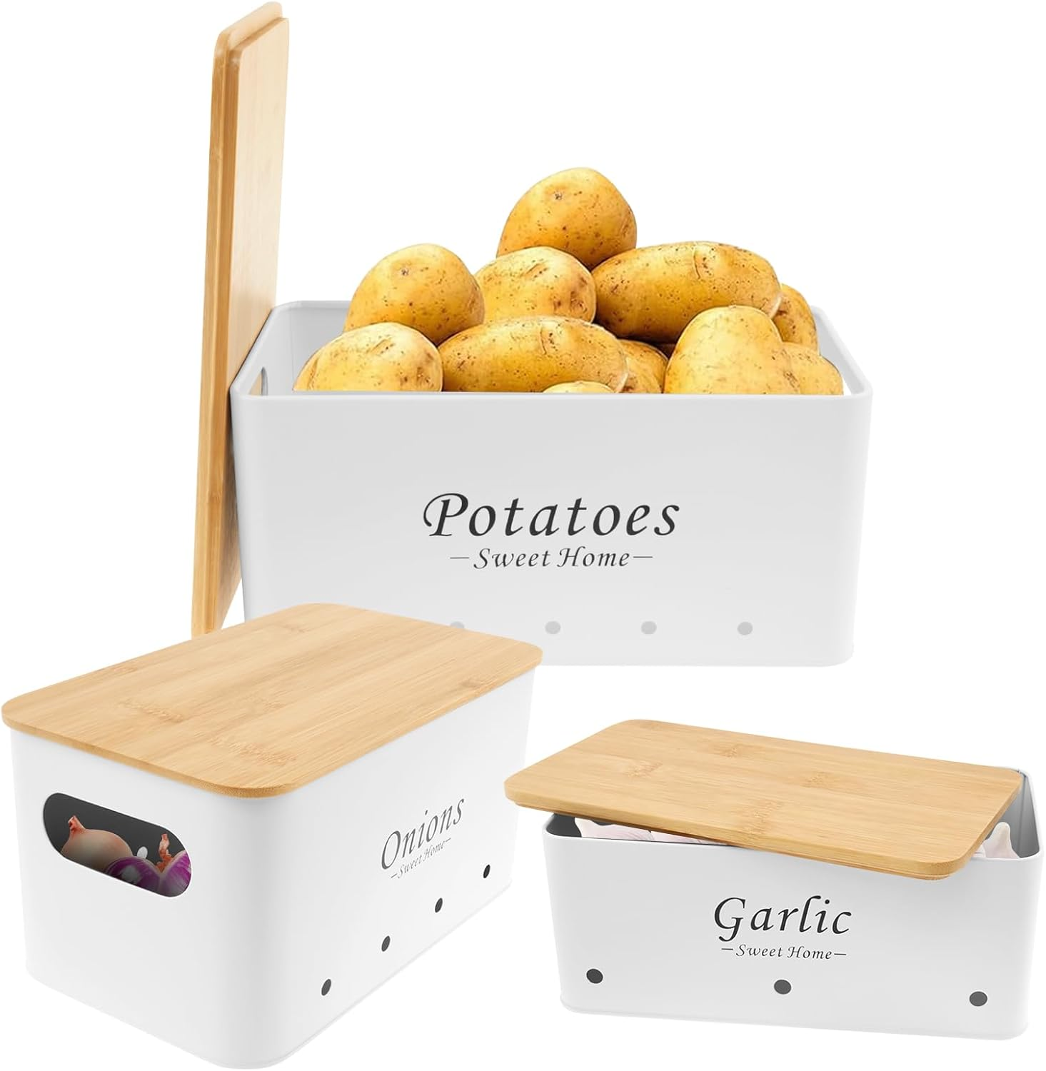 3 Pcs Potato and Onion Garlic Storage Bin, Kitchen Vegetable Storage Containers, Potato Onion Garlic Jars with Vent Hole, Carbon Steel Onion Storage Bin, Onion Garlic Storage Box Set (White)