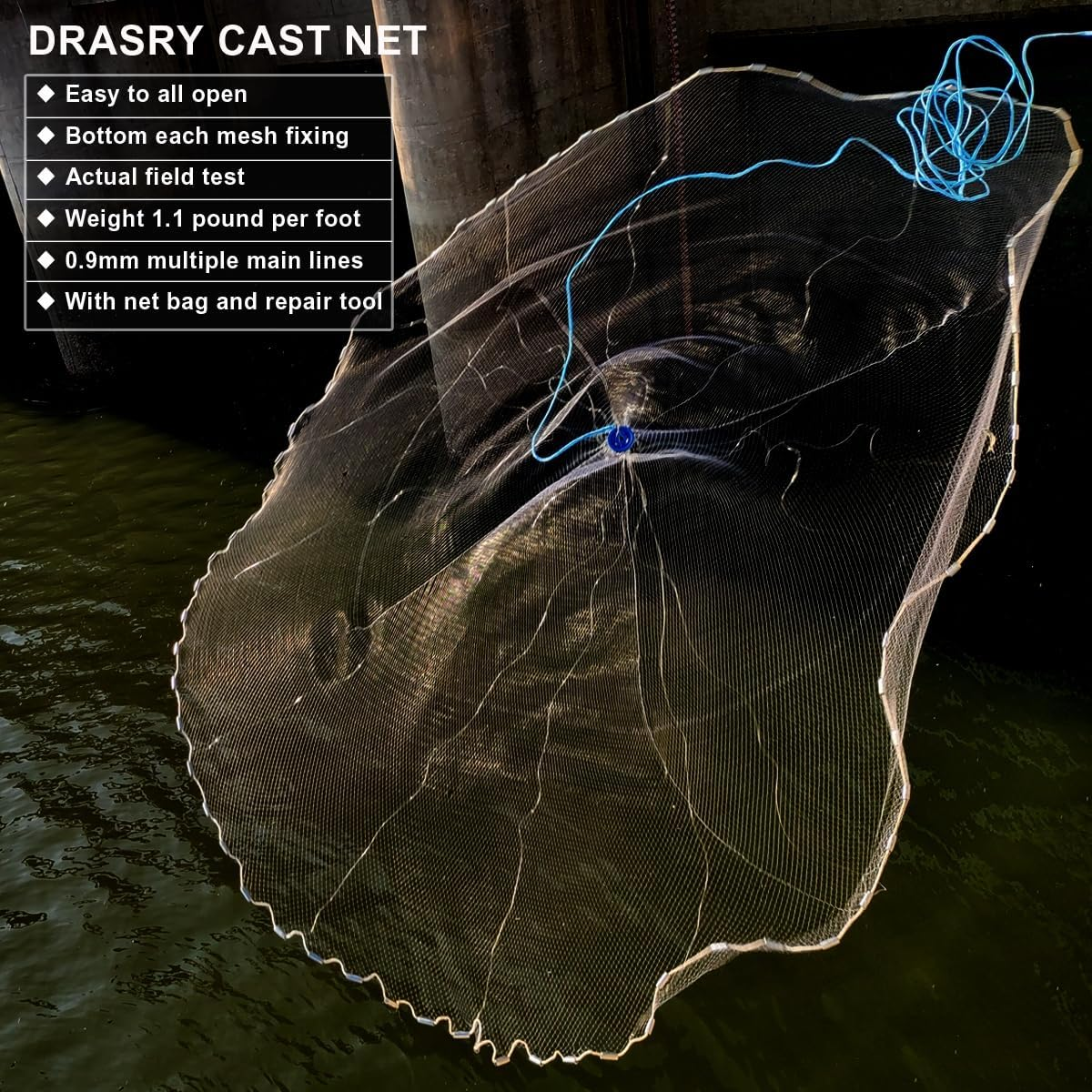 Drasry Saltwater American Fishing Cast Net 3/8Inch Mesh Size for Bait Trap Fish Heavy Duty Throw Net 4FT/5FT/6FT/7FT/8FT/9FT/10FT Radius Size image number 2