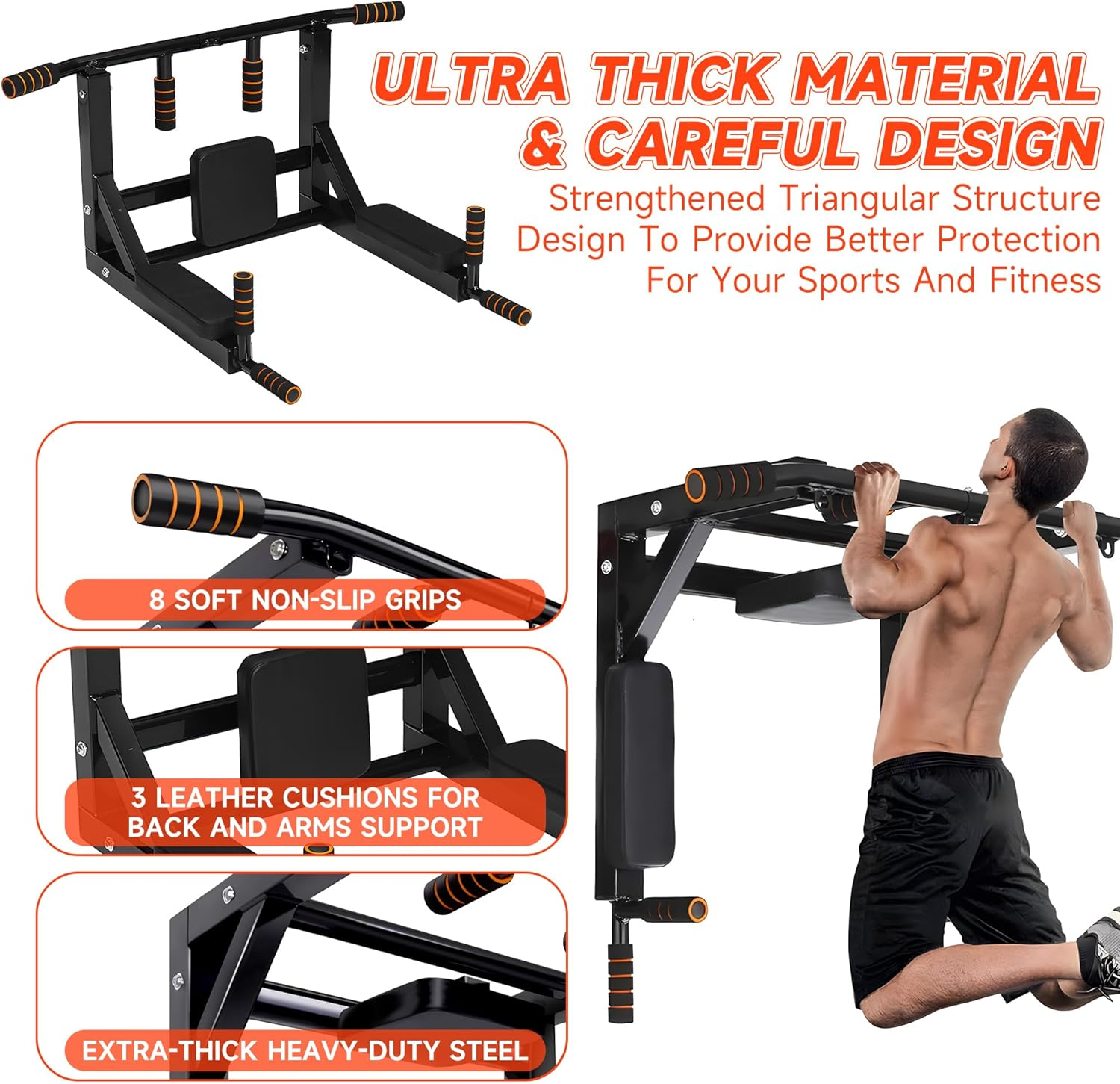 Wall Mounted Pull up Bar and Dip Station, Heavy Duty Wall Mount Pull-Up Chin up Bar Multifunctional Home Gym Workout Indoor Exercise Equipment Support to 300Kg image number 1