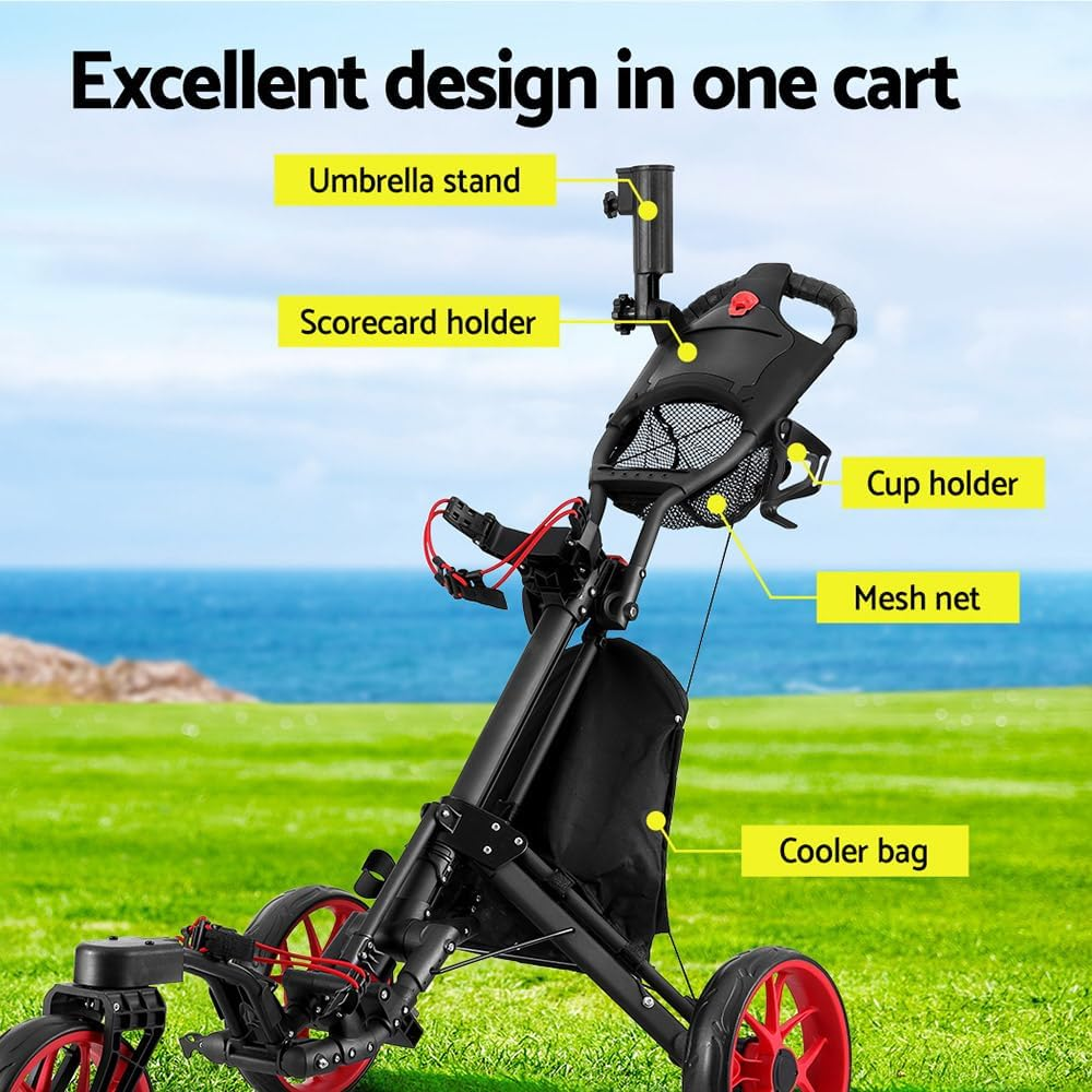 Everfit Golf Buggy Foldable Trolley Golf Cart Swivel Wheel Umbrella Bottle Stand image number 6