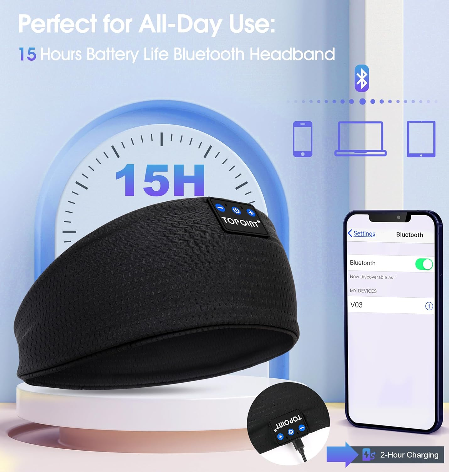 TOPOINT Sleep Headphones Headband Bluetooth 5.4 Sports Headband Earphones Sleeping Bluetooth Wireless with USB C for Women Men Sports Gifts Workout Jogging Yoga Insomnia Air Travel Meditation - Grape Purple image number 3