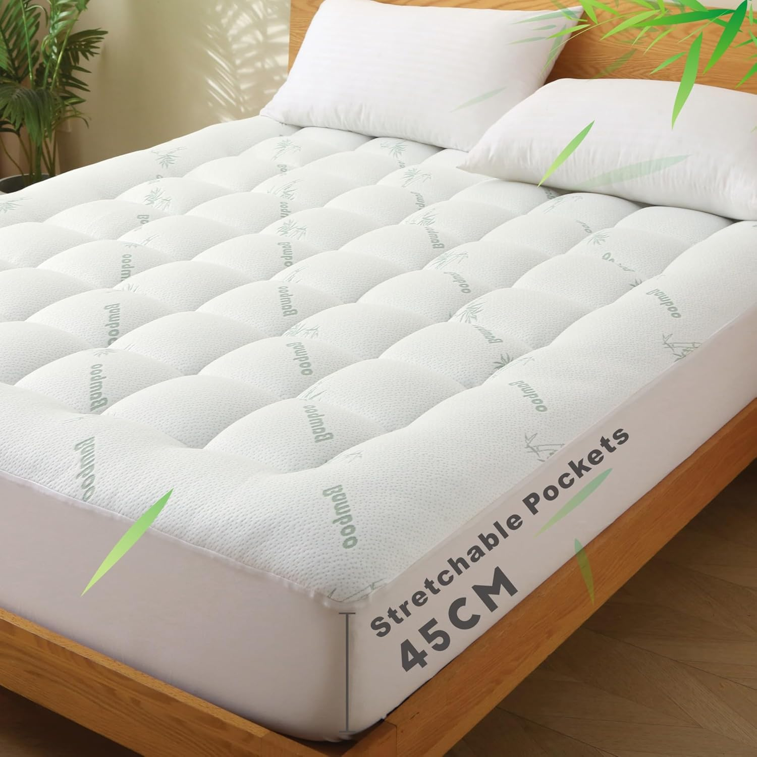 Bamboo Double Mattress Topper 1000GSM - Thick Cooling Breathable Pillow Top Mattress Pad for Back Pain Relief - Soft Fully Fitted Mattress Topper Cover with Deep Pocket up to 45CM (Double Size) image number 3