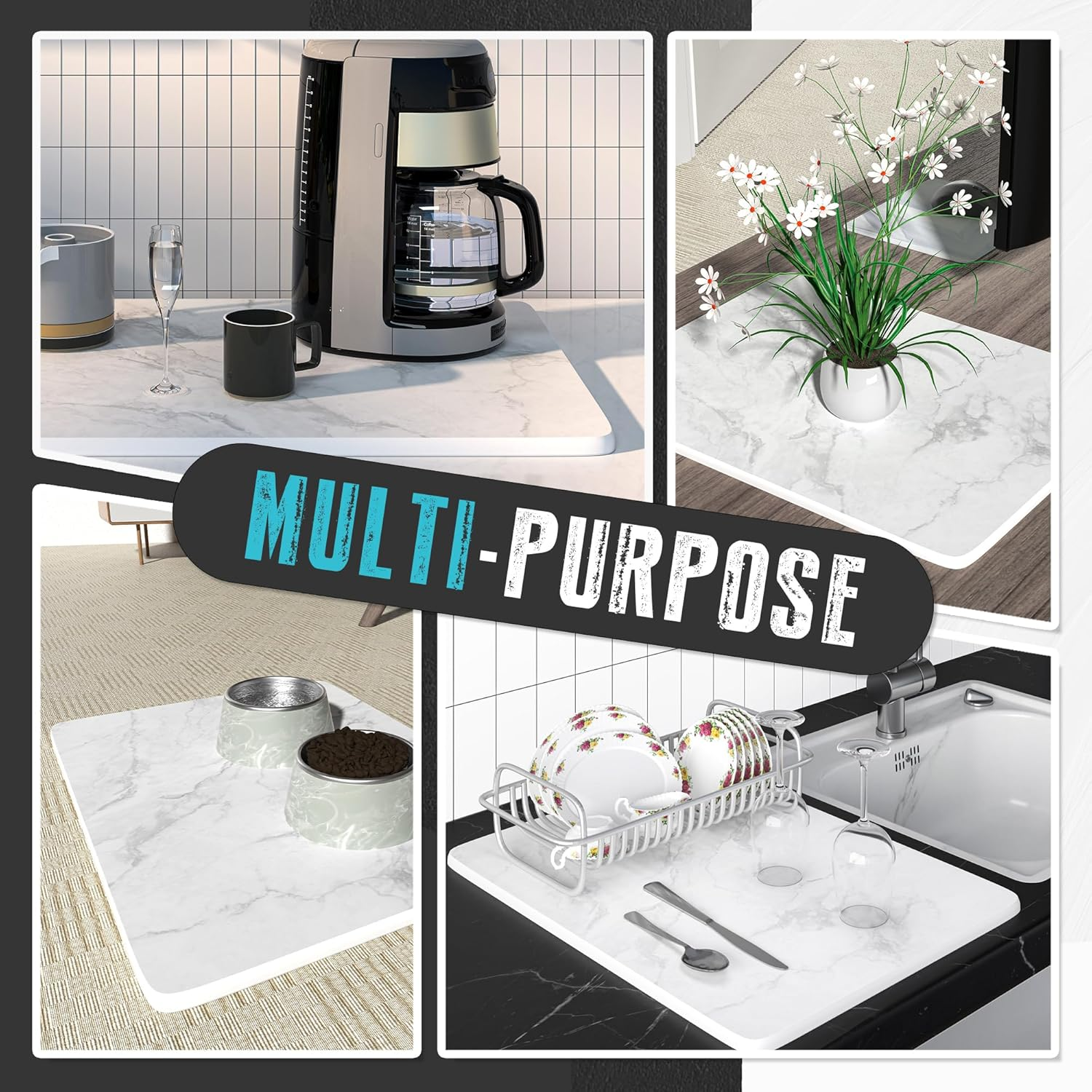 Stone Drying Mat for Kitchen Counter Marble Stone Dish Drying Mat, Super Absorbent Quick Drying Diatomite Stone Dish Drying Mat &mdash; Non-Slip & Heat Resistant, with 8 Non-Slip Mat, 16.5X12.6 White