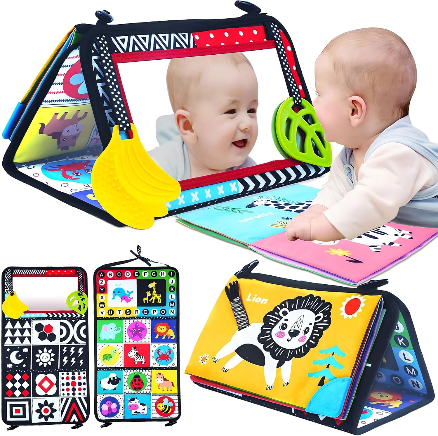 Tummy Time Baby Mirror, Infant Toys Newborn Toys 0 3 Months Brain Development with Crinkle Cloth Book, Black and White High Contrast Baby Toys 4 6 9 12 18 Month Boys Girls Crawling Sensory Toy image number 6