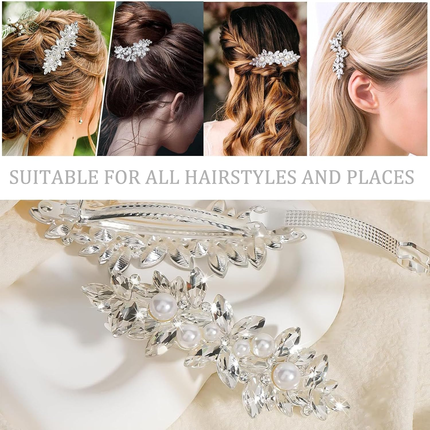 Diamante Hair Clips for Women, 3 Pcs Rhinestone Flower Hair Clips, Wedding Hair Accessories, Silver Wedding Headpiece Pins Crystal Flower, for Kids/Girls/Women Carnival/Concert/Party/Dance image number 5