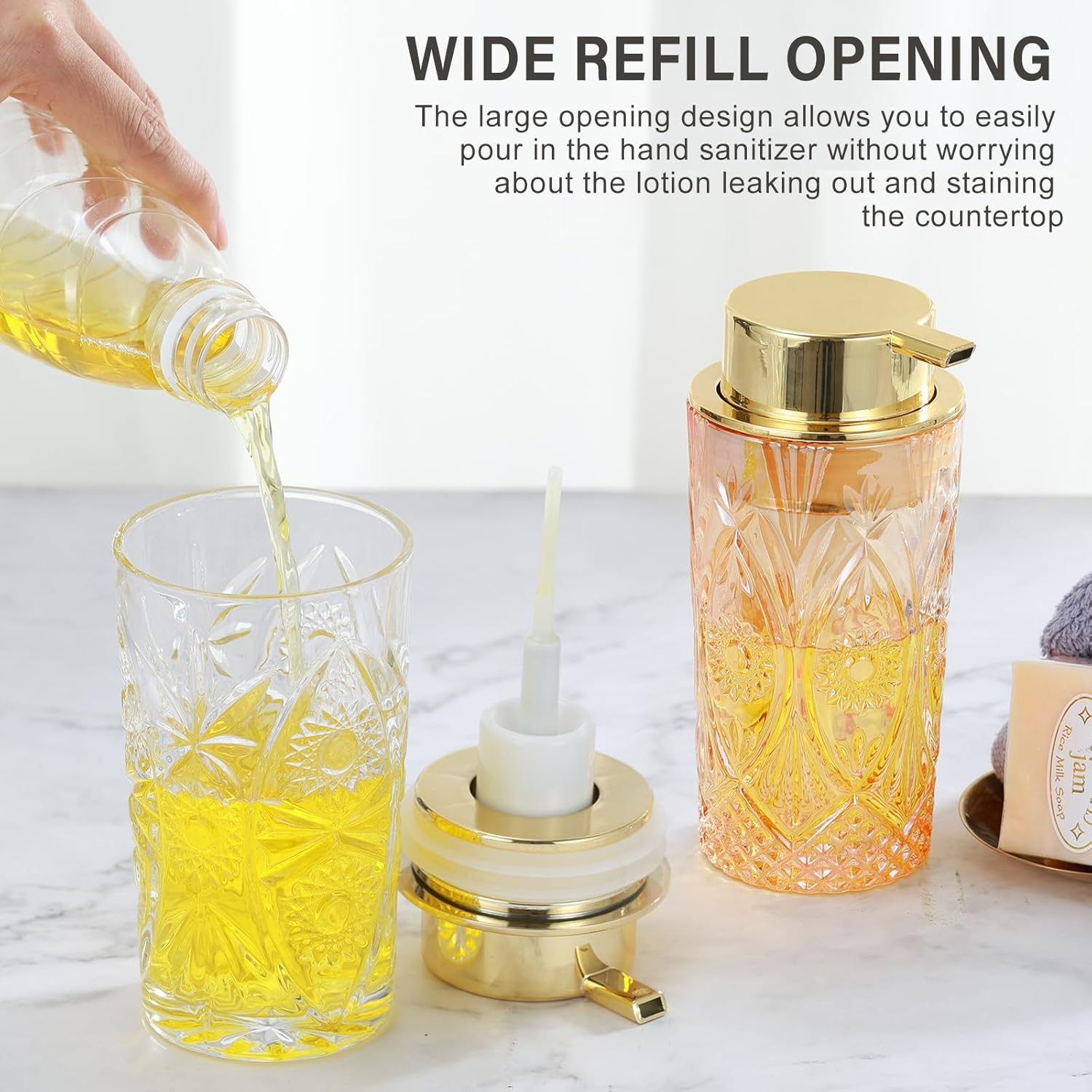 LEICURACE Glass Foaming Hand Soap Dispenser Foaming Soap Dispenser for Bathroom Clear Soap Dispenser with Pump (Amber Sun Patteren) - Foam Type/Gold/U Pattern image number 4