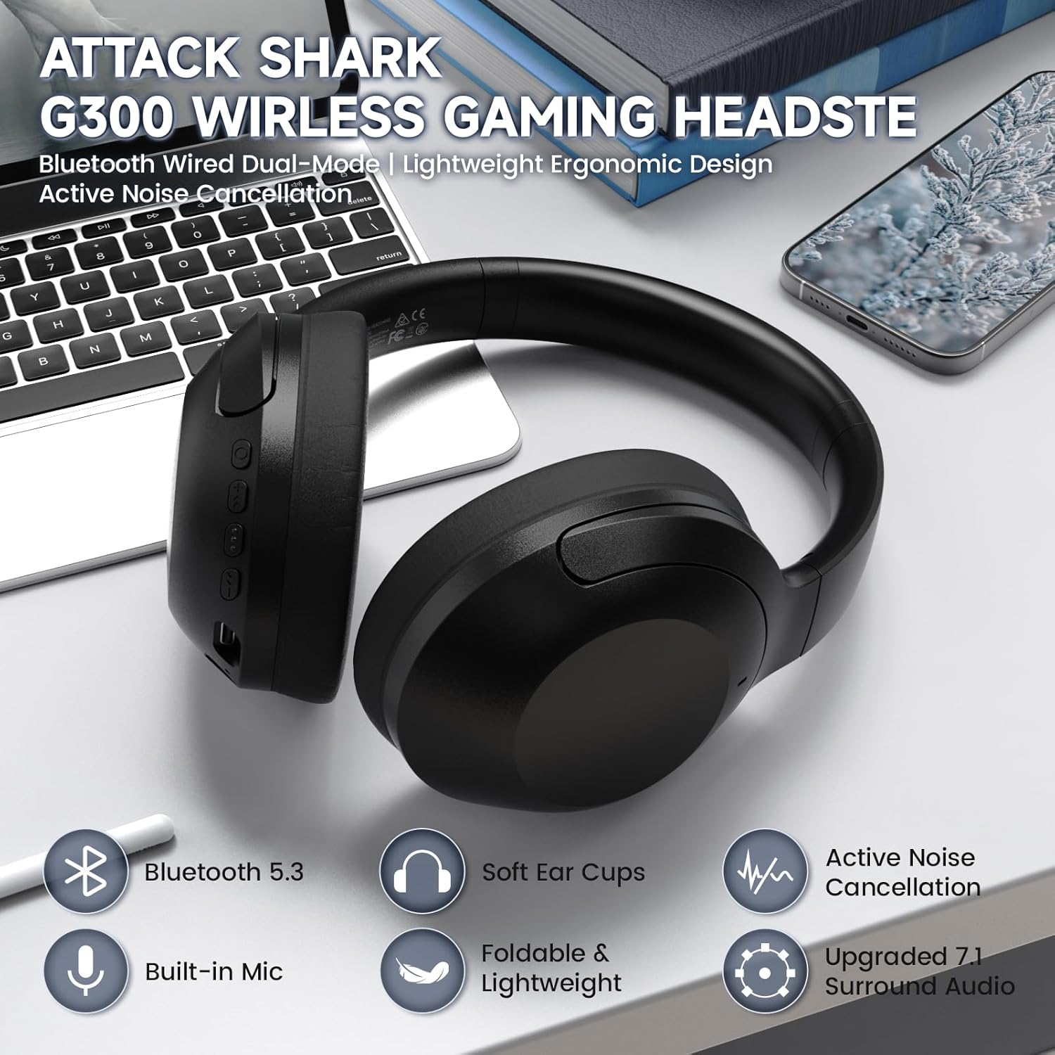 Lexonelec X Attack Shark G300 Wireless Active Noise Cancelling Headset, Bluetooth 5.3 Deep Bass HD Stereo Sound over Ear, 20H Playtime, Built-In Mic Lightweight Design 3.5Mm Gaming Headset(Black)