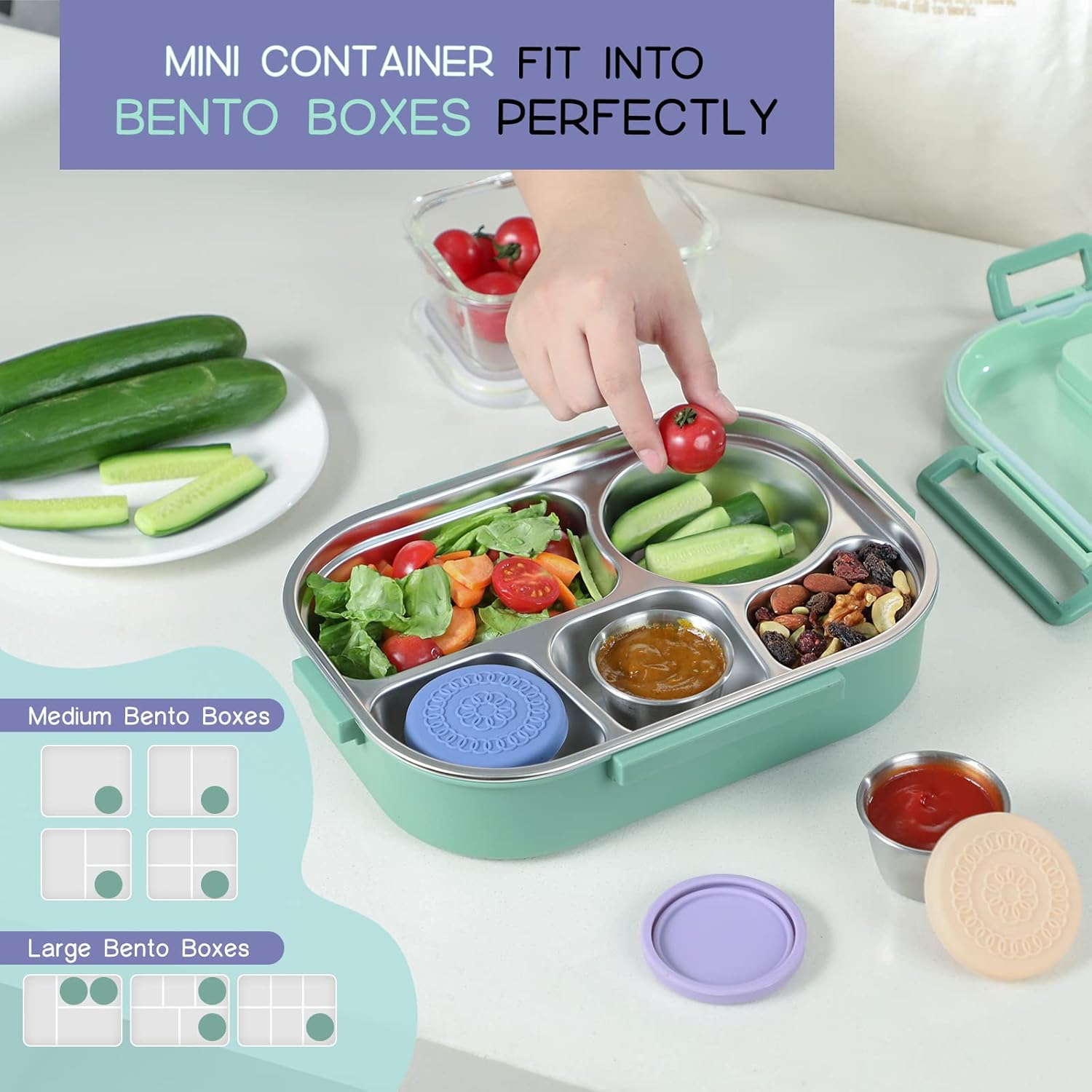 [8 Pack] Salad Dressing Container to Go, 2.4Oz Small Condiment Containers with Leakproof Silicone Lids, Reusable Stainless Steel Sauce Cups for Lunch Bento Box, Picnic and Travel image number 1