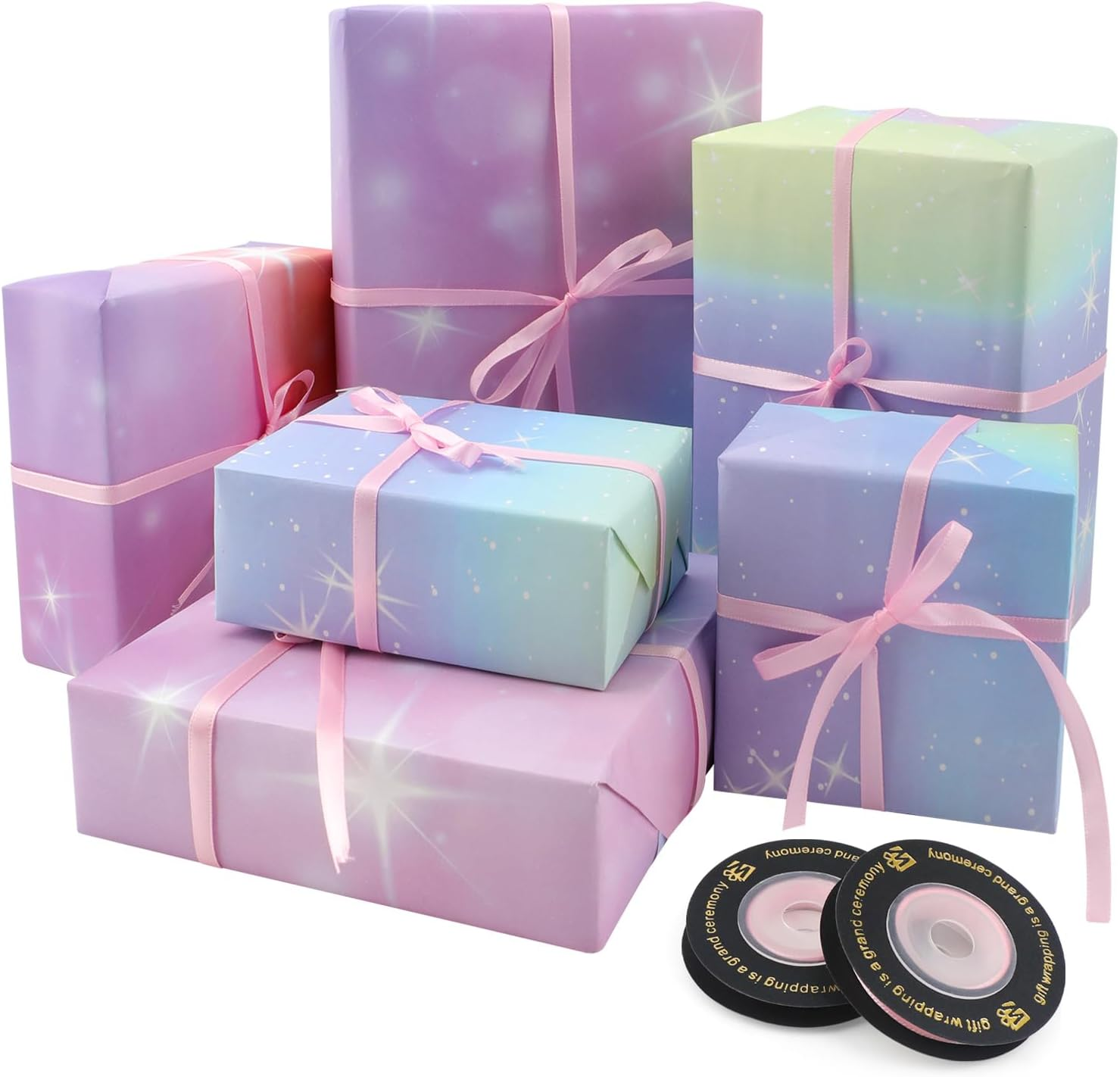 ZCOINS 6 Sheets Aurora Rainbow Gradient Wrapping Paper 70 X 50CM with Pink Ribbons ＆ Sticker, Pink Purple Dreamy Rainbow Starry Sky & Aurora Wrapping Paper Valentines Day Mothers Day Girls Women Gifts