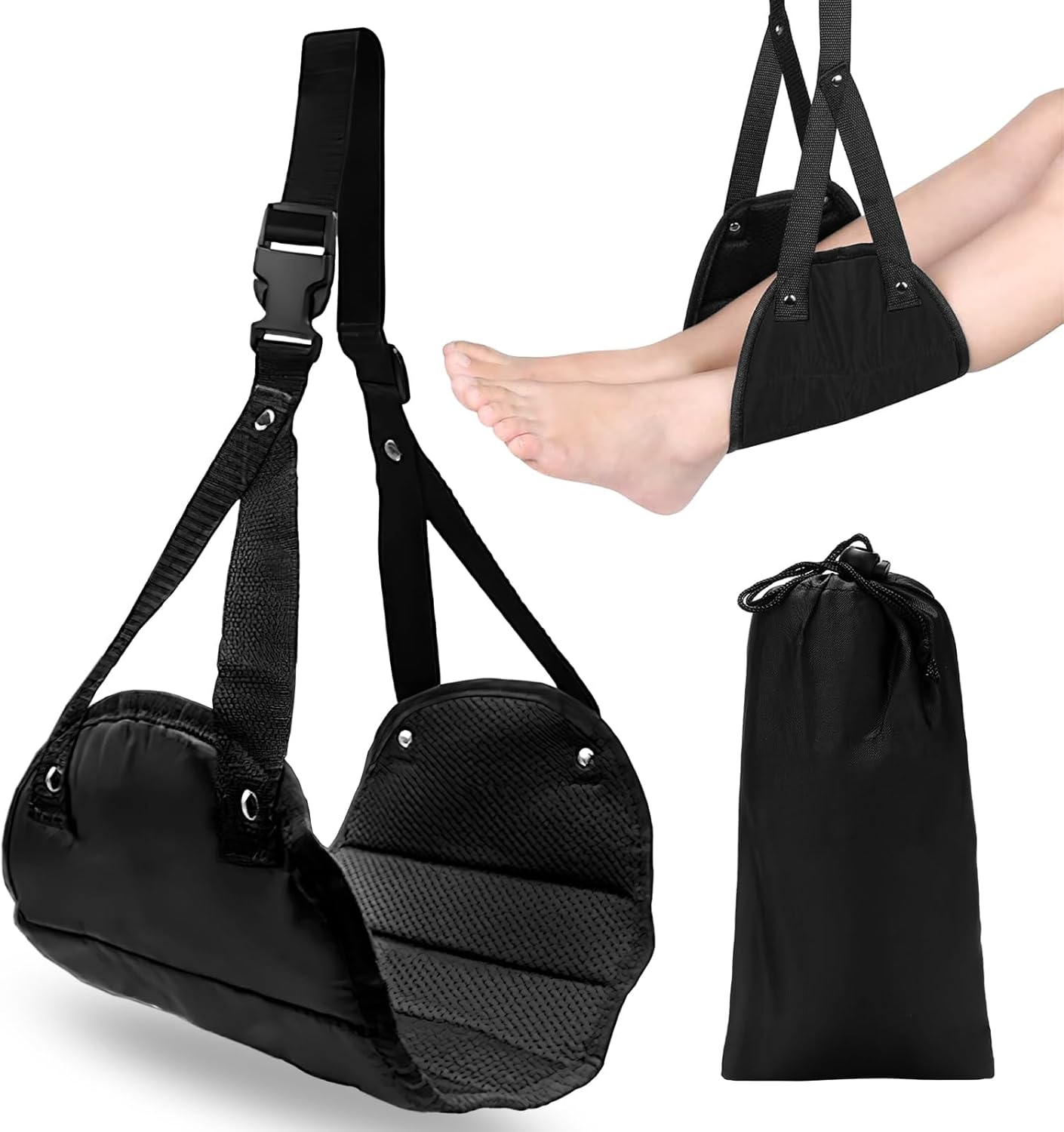 Airplane Footrest, Portable Travel Foot Hammock, Adjustable Height Airplane Foot Rest Hammock for Travel, Home, Office (Black) image number 5