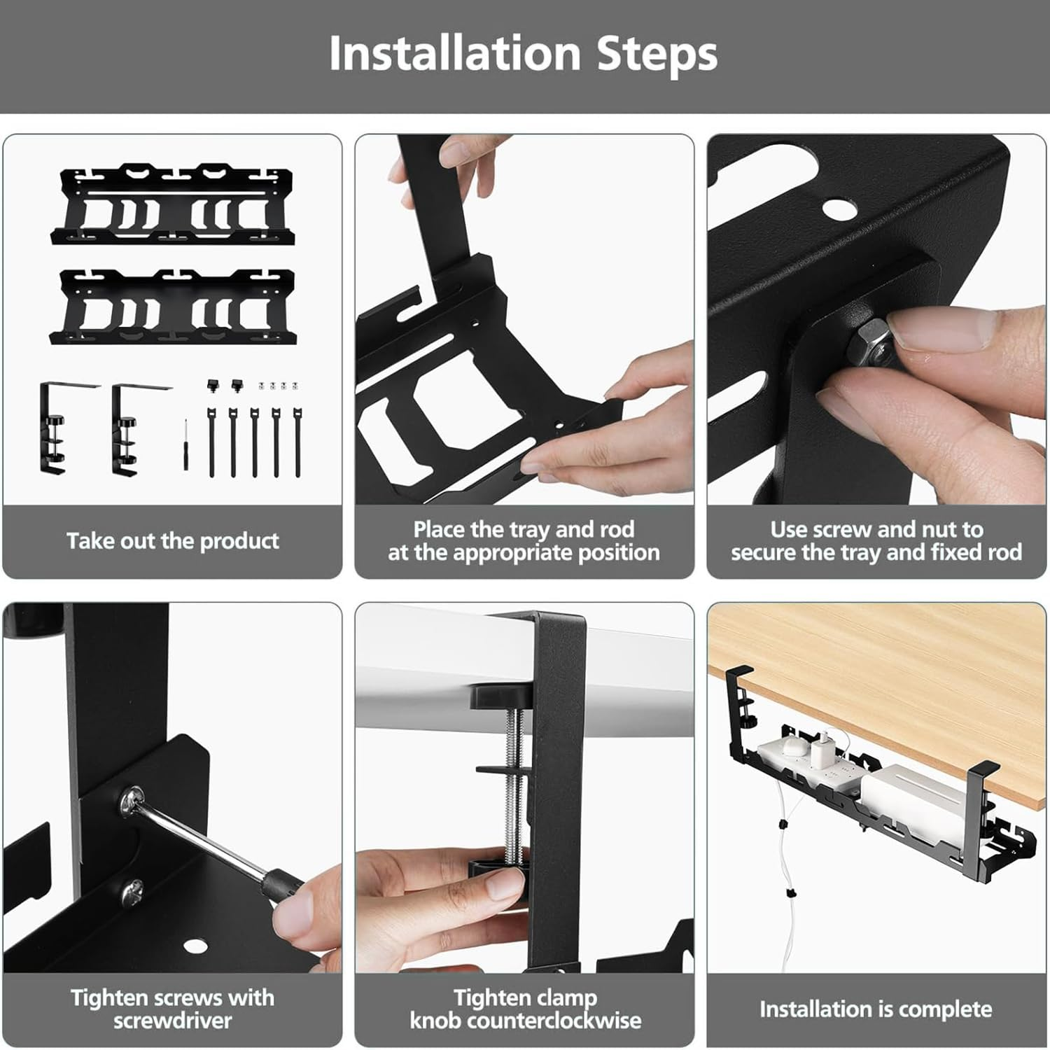 Under Desk Cable Management Tray, Retractable Adjustable 15.7" into 29" No Drill Wire Organizer, Desk Cable Cord Organizer for Desk,Sturdy Metal Cable Tray Basket for Home Office Computer,Black image number 1