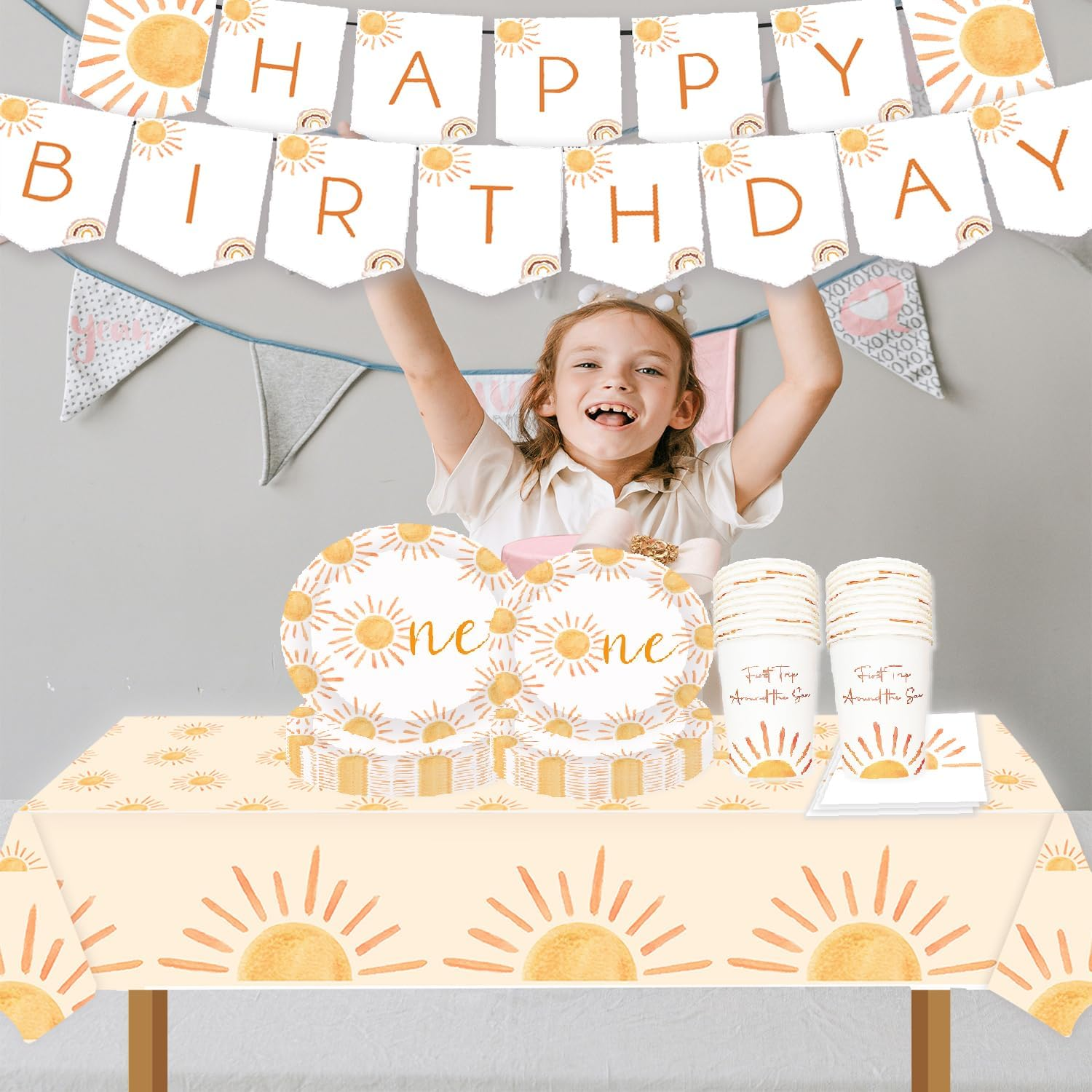 First Trip around the Sun Boho Sun 1St Birthday Decoration - 102Pcs Paper Plates, Napkins, Cups, Table Cloth - You Are My Sunshine Party Supplies image number 1