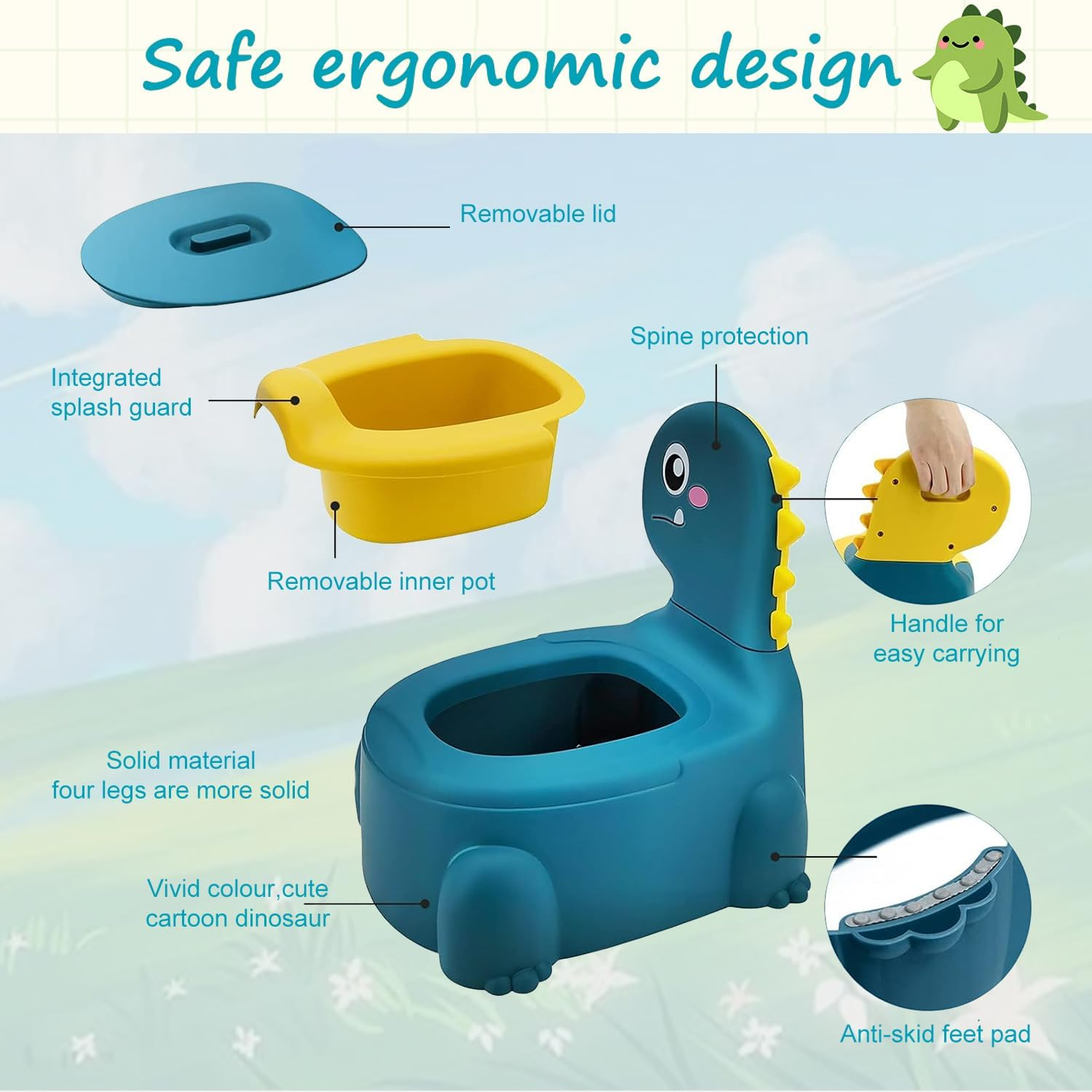 Dinosaur Potty Training Seat for Toddlers with Non-Slip Rubber Base, 110Lbs Capacity, Portable Travel Potty for Boys & Girls, Baby Potty Training Toilet Seat, Toilet Seat for Toddler (Blue) - Deep Red image number 6