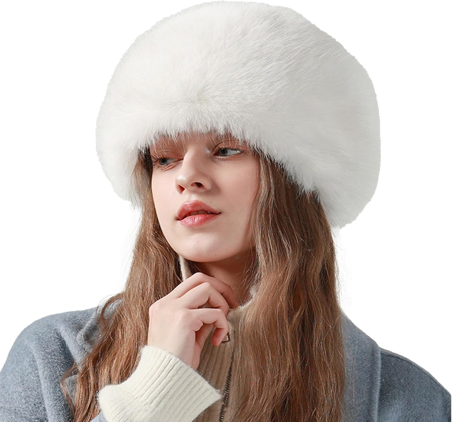 HENWUBEI Women&rsquo;S Russian Faux Fur Bomber Hat - Winter Trapper Ear Warmer for Skiing, Hunting, Travel, Soft Fluffy Fleece-Lined Cold Weather Hat White image number 2