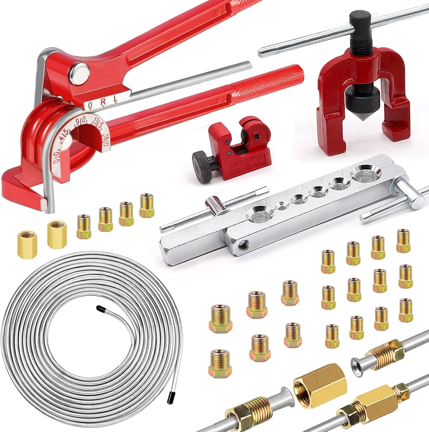 26Pack 3/16 Inch Brake Line Kit Include 25 FT Zinc-Plated Brake Lines with Fitting(16Pcs Fittings,2Pcs Union+4Pcs Nut) Brake Line Bender,Single Flare Tool,Cutter 3/16 Inch Brake Line Kit (26) image number 3
