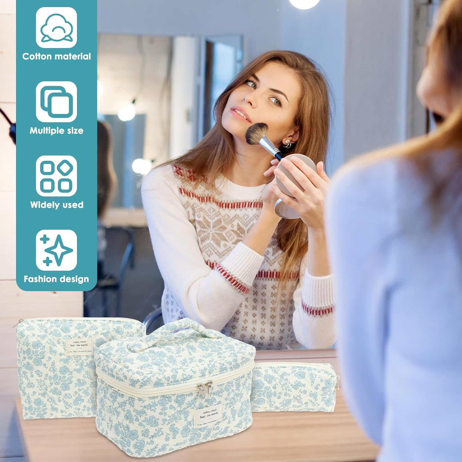 3 Pcs Makeup Bag Cotton Quilted Cosmetic Bag Cute Makeup Multifunctional Cosmetic Set for Women Girls Ladies(Wathet) - Pink image number 5