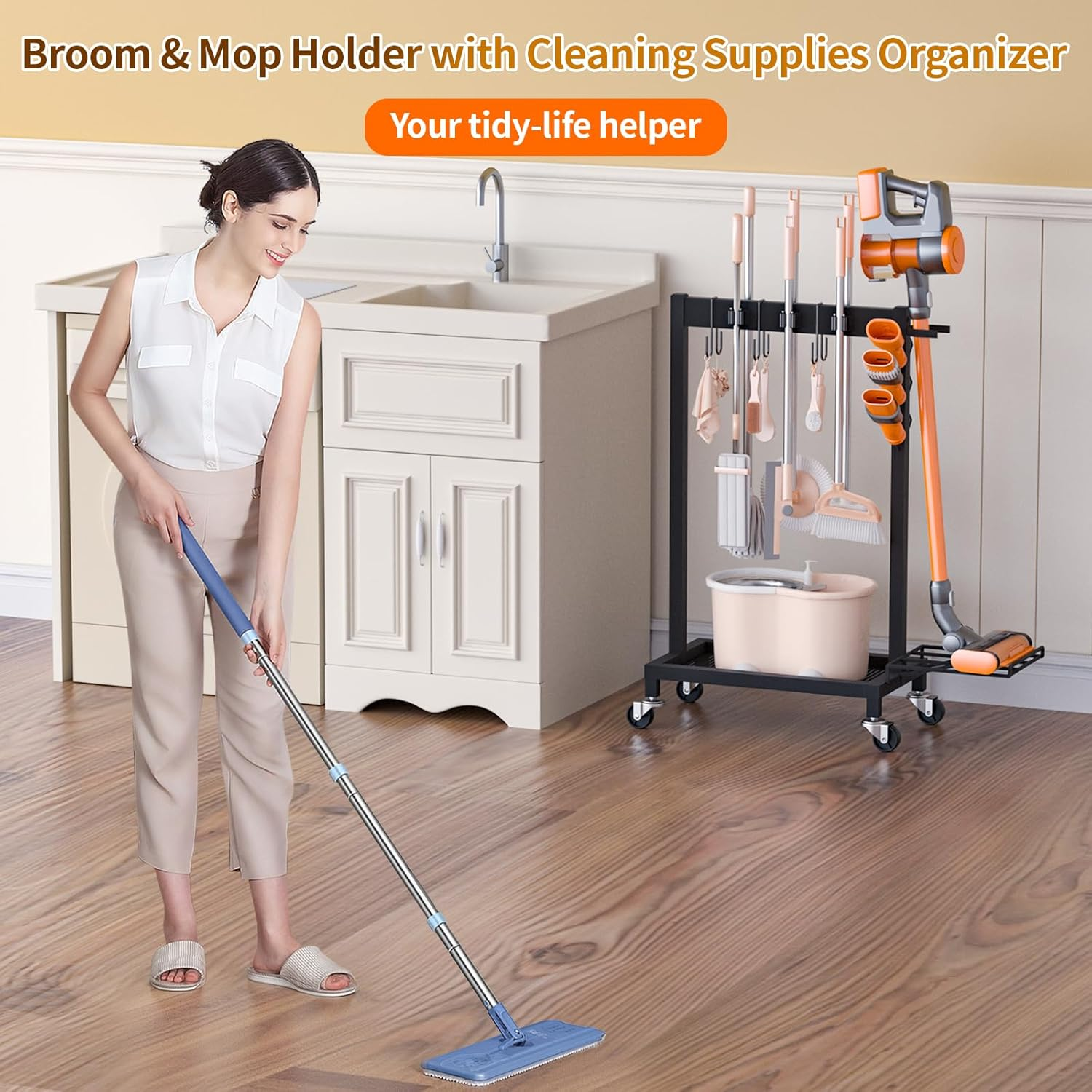Broom Holder with Cleaning Supplies Organizer Load 160 LBS Cleaning Cart with Wheels Broom Closet Storage with 6 Mop Hanger Grippers, 3 Double-Hooks, Vacuum Stand for Laundry Garage Organization