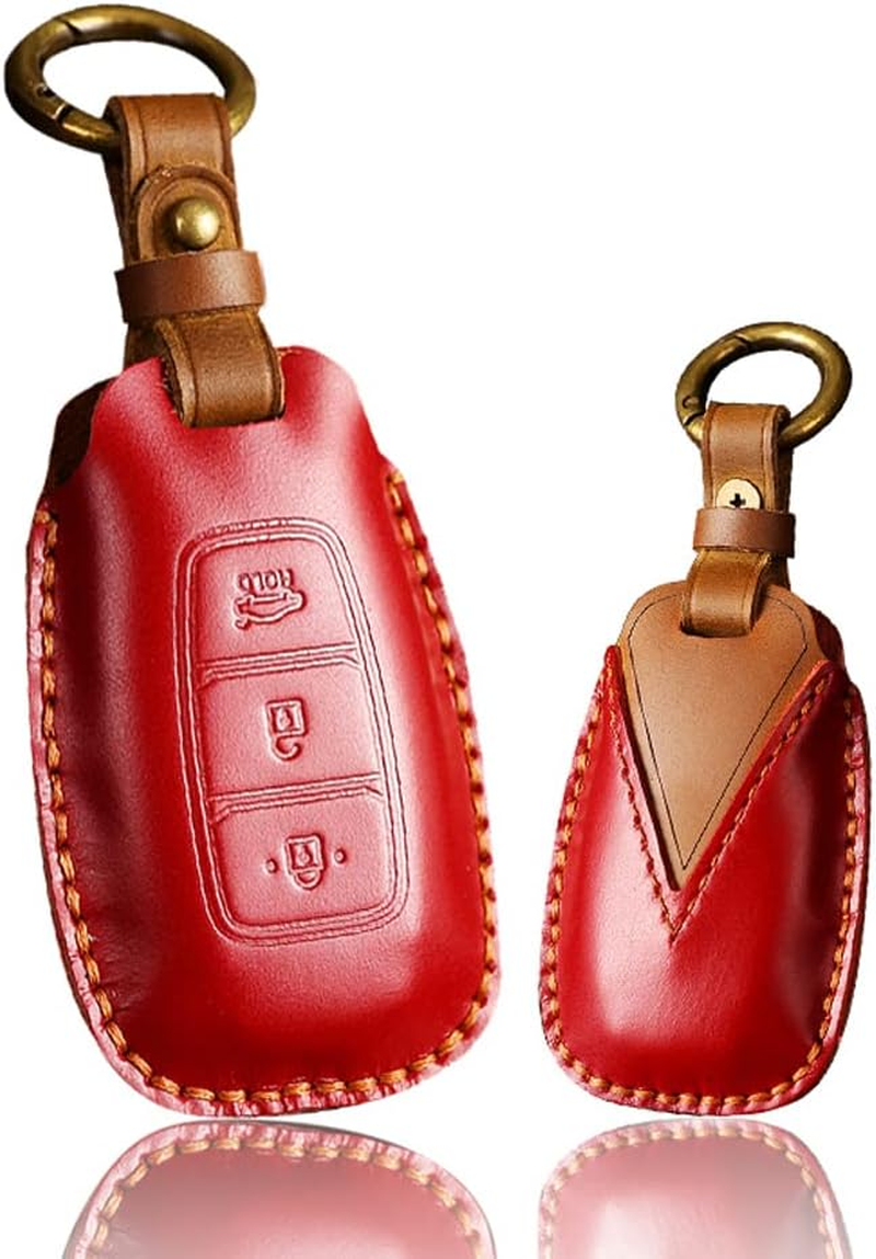 Ontto Leather Car Key Case Fit for Hyundai Palisade Accent Santa Fe Veloster Kona Electric Nexo Elantra GT I30 Key Fob Cover Keyring Remote Key Holder Keychain Key Protective Accessories Brown