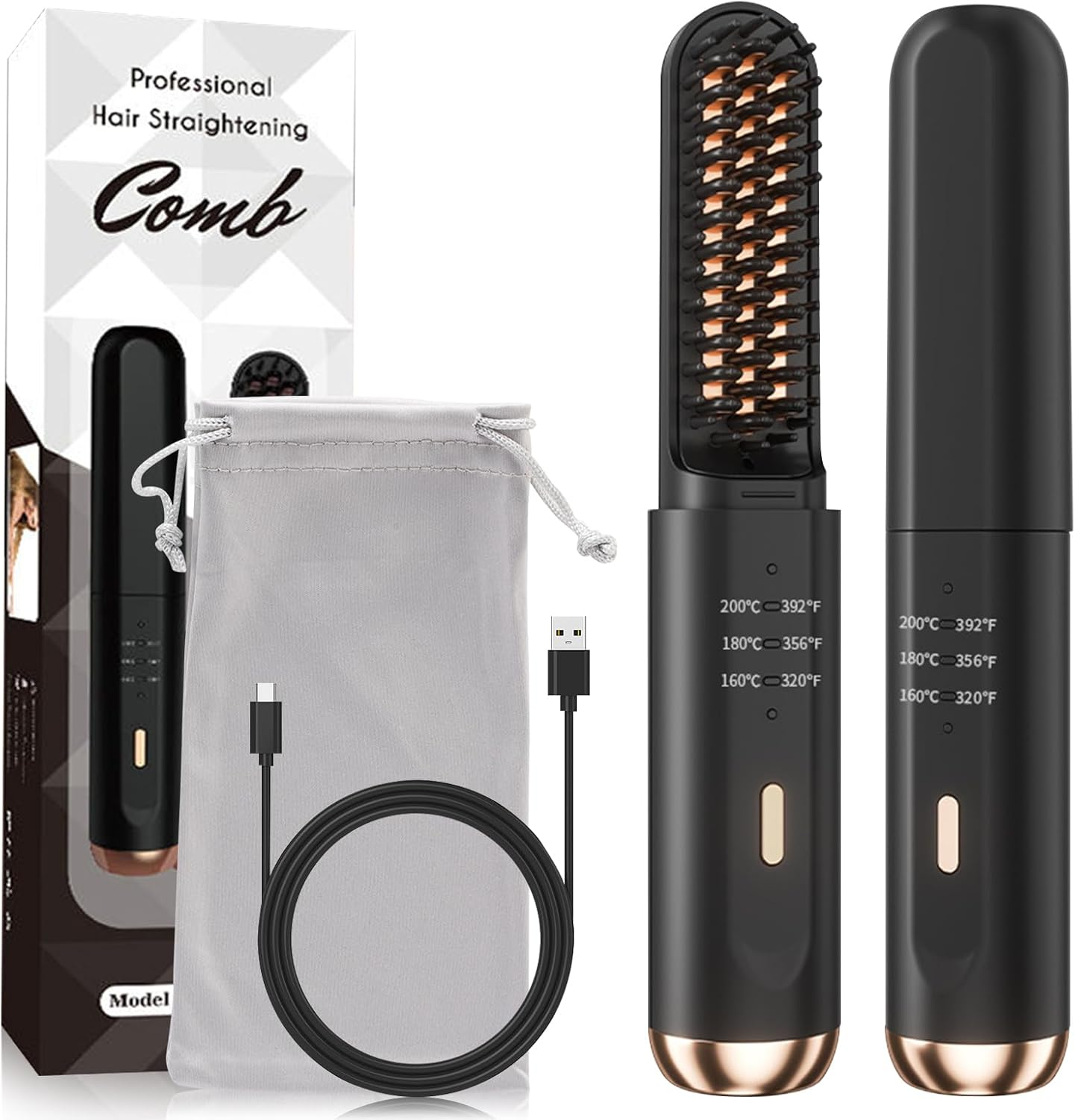 Hair Straightener Brush, Hair Iron with Built-In Comb,Wireless Heated Beard Straightener Comb with Ionic Technology, 3 Temperature Settings, Anti-Scald, Portable for Home Travel,Hair Straightener That Reduces Styling Time (Black Gold) image number 1