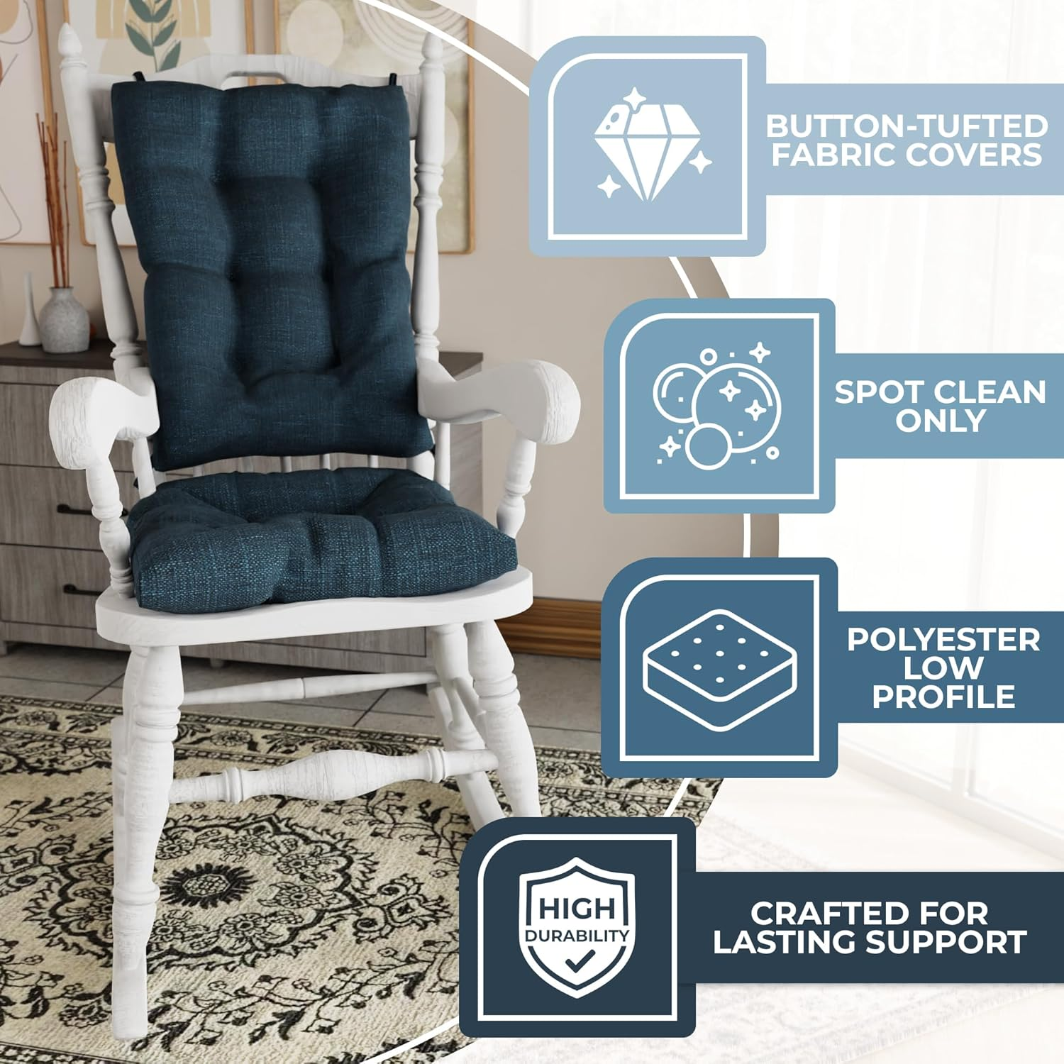 The Gripper Twill Jumbo XL Non-Slip Rocking Chair Cushion Set with Thick Padding, Includes Seat Pad & Back Pillow with Ties for Indoor Living Room Rocker, 17X17 Inches, 2 Piece Set, Sapphire - Mastic Green image number 6