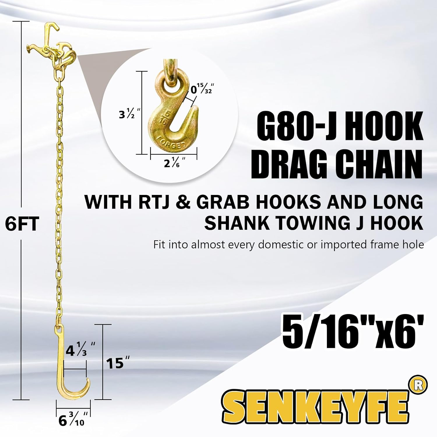 G80 J Hooks Tow Chain, 5/16" X 6' Recovery Tow Hooks Chain 15IN J Hook W/Rtj & Grab Hook, 18800LBS Tow Truck Accessories J Hooks, Bridle Tow Transport Chain, Wrecker Towing Truck Equipment, 2PCS image number 6