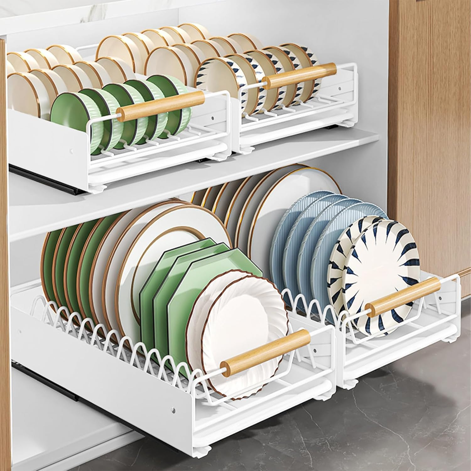 Pull Out Dish Racks Fixed with Adhesive Film, Pull Out Cabinet Organizer, Heavy Duty Slide Out Pantry Drawers for Kitchen Cabinets, Slide Out Drawer Storage Shelves with Handle (Bowl Rack) image number 6