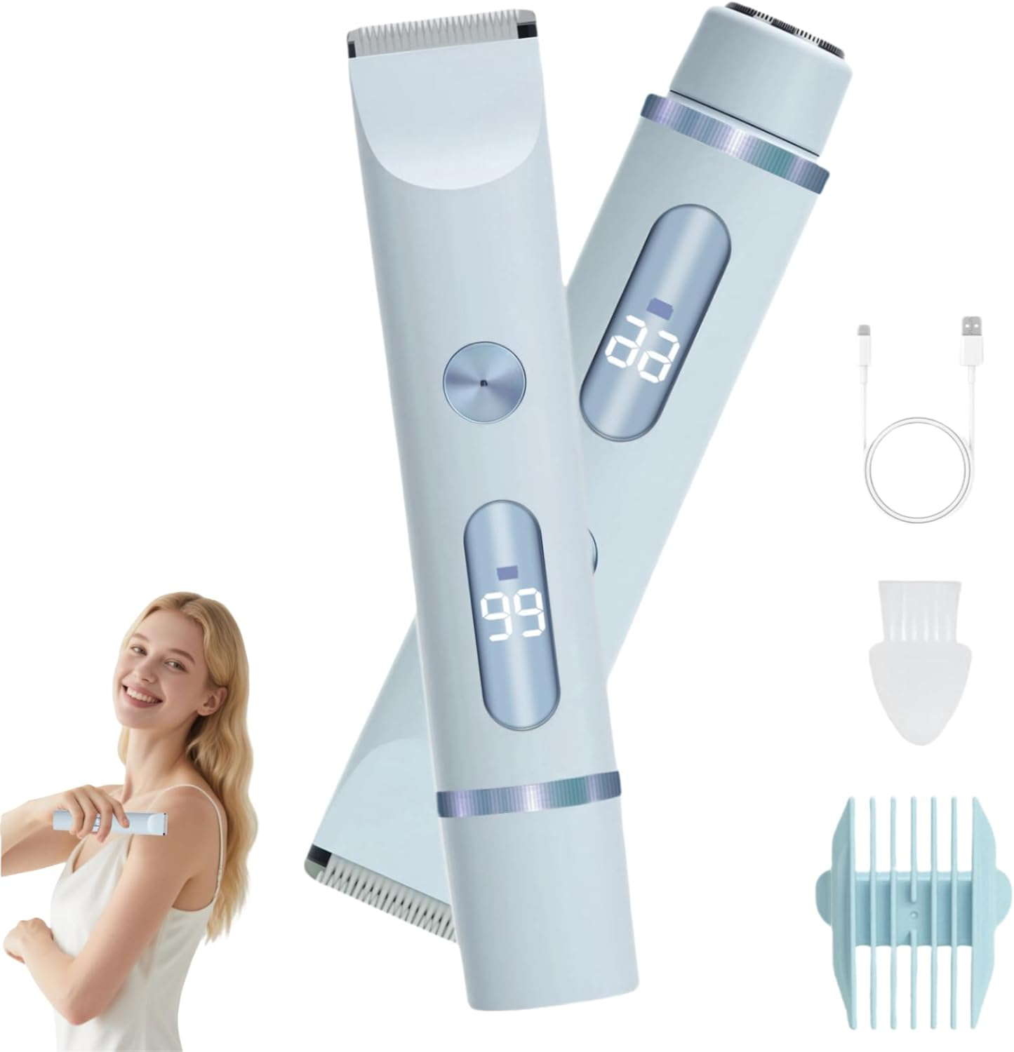 2 in 1 Electric Razors for Women, Rechargeable Bikini Shaver, Waterproof Dual Head Shaver with LCD Display, Painless Hair Removal (Glacier Blue)