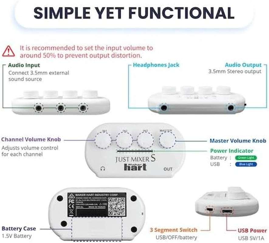 Maker Hart JUST Mixer S Portable 3 Channels Stereo in Mini Audio Mixer/2 Stereo Output/Battery/Usb Power/3C Device image number 2