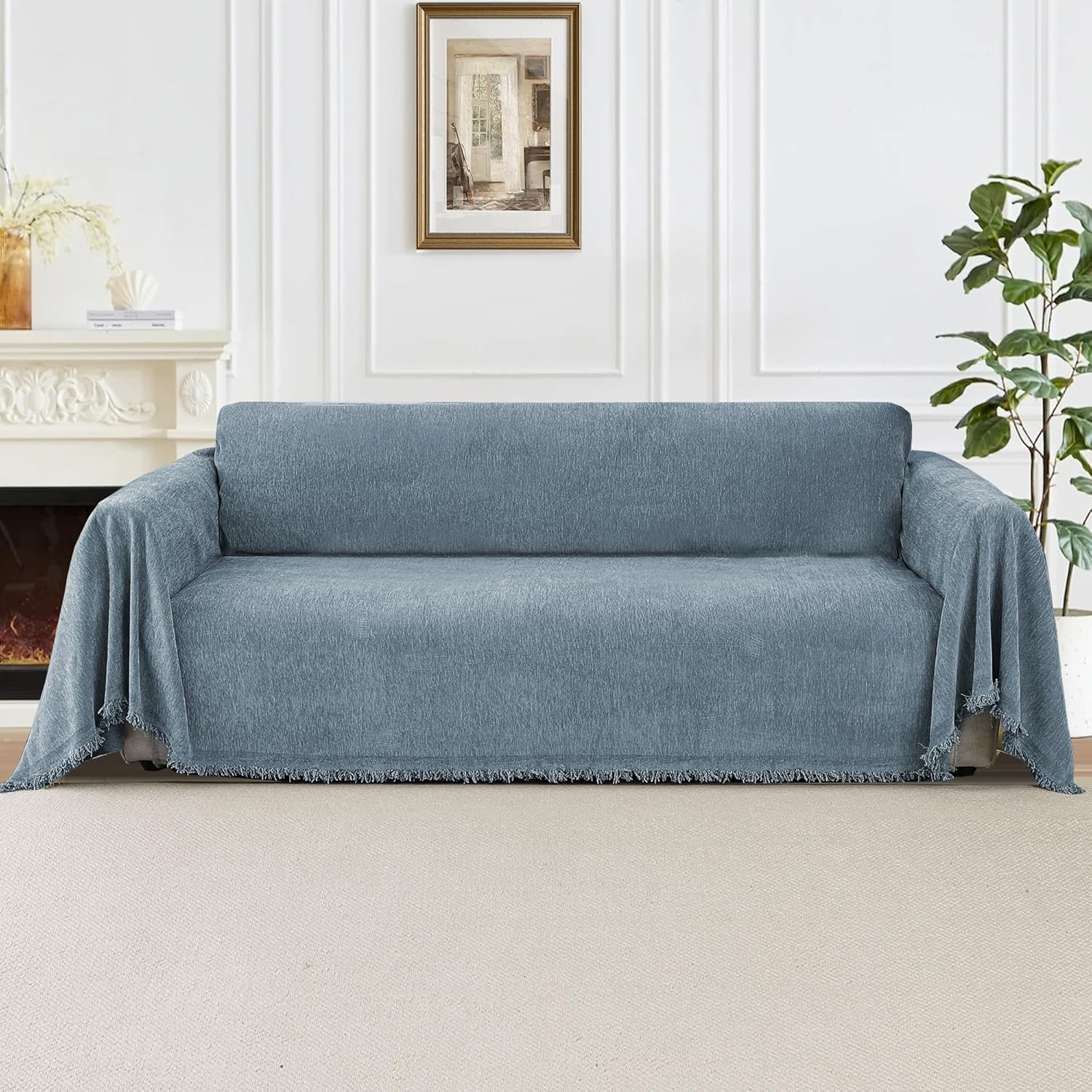 Smarcute Sofa Cover Chenille Couch Cover for 3 Cushion Couch Washable L Shped Sofa Cover for Living Room Tear Resistance Loveseat Cover Throw Covers for Dogs(Xx-Large,180X381Cm,Stone Blue) image number 2