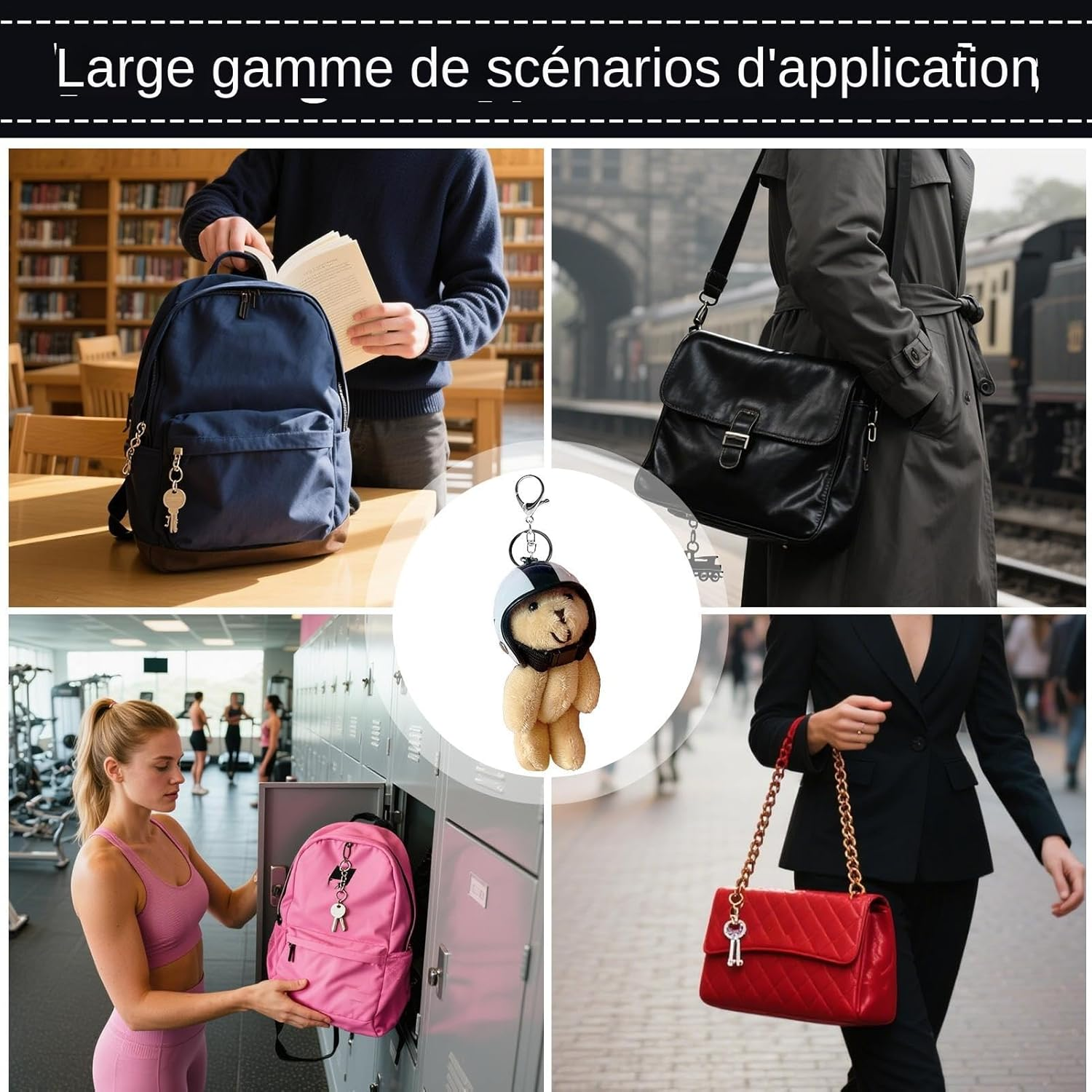 Qkbuza Cute Bear Keyring, Plush Bear Bag Charm with Helmet | Decorative Pendant, Animal Ring for Women Decoration Bag Travel Bag Wallet - Black / White image number 3