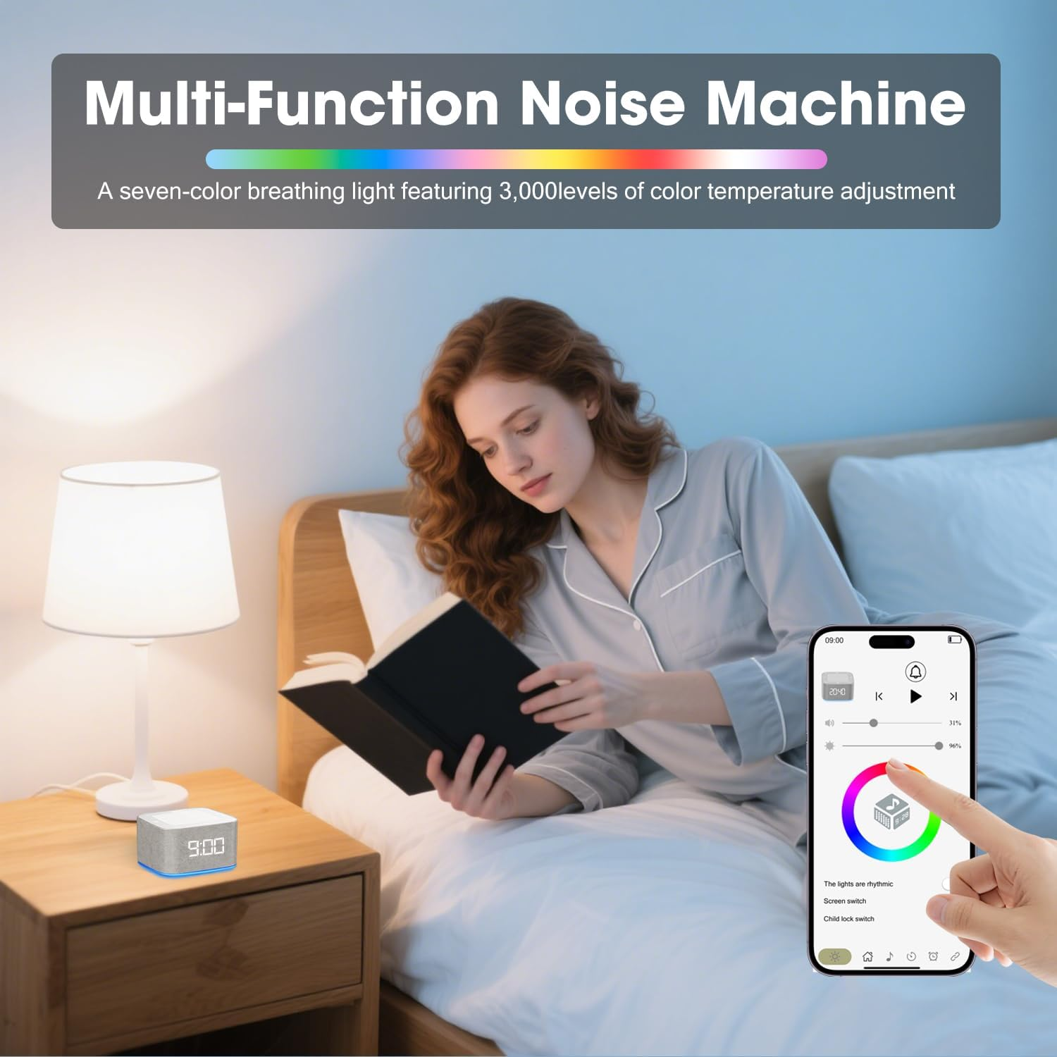 WEKUBA White Noise Machine & Alarm Clock 2-In-1，32 Soothing Sounds, 8 Night Lights, App Control, USB Rechargeable, for Adults & Baby，Usb Rechargeable, Portable Sound Machine for Home, Travel image number 2