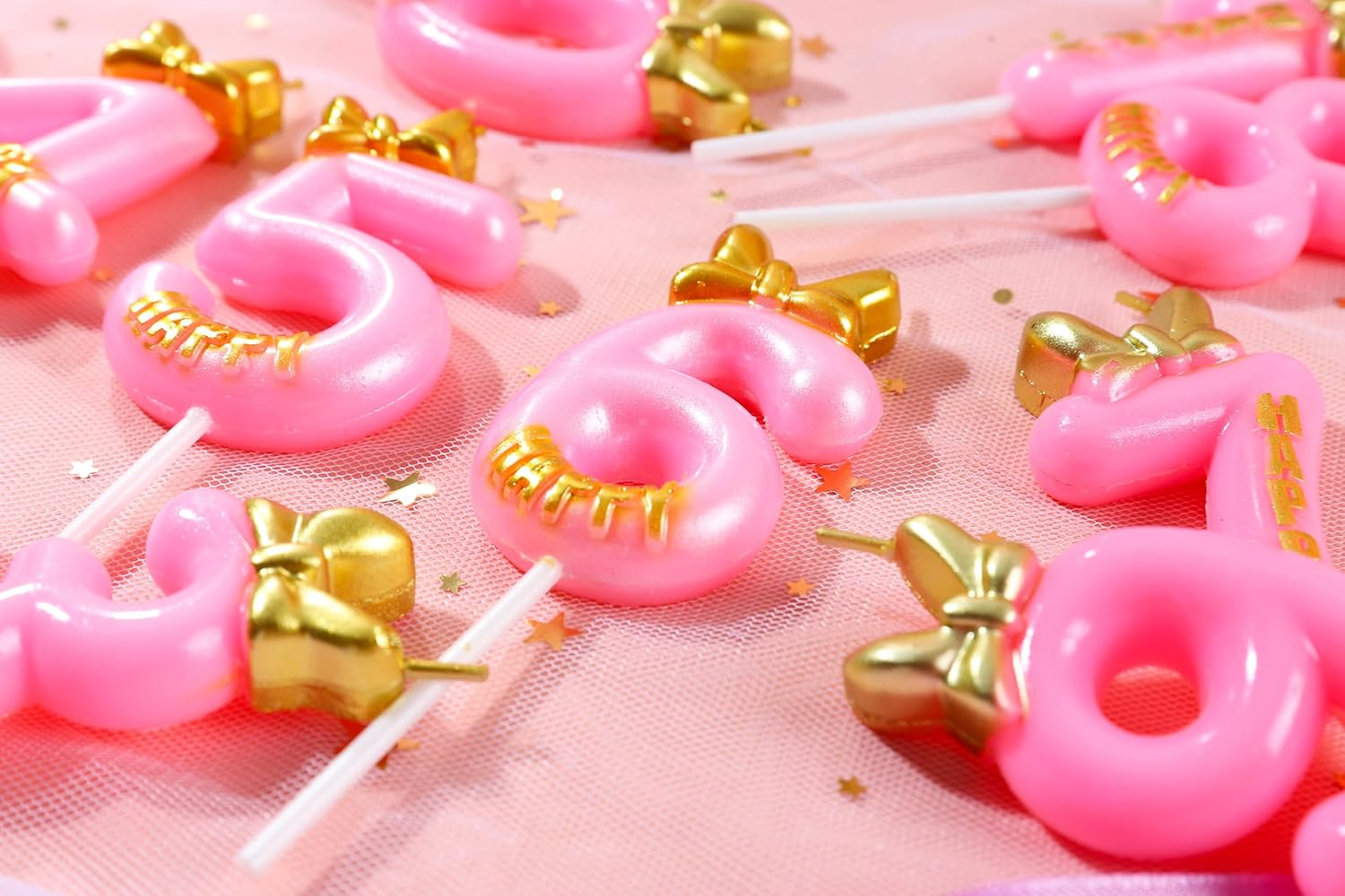 EAKE Pink Birthday Candles Number 2 with Bow Bowknot Bowtie and Metallic Gold Mini Happy Letter for Happy 2Nd Mouse Theme Birthday Cake Topper Party Supplies Decorations (4.7 Inch) image number 5