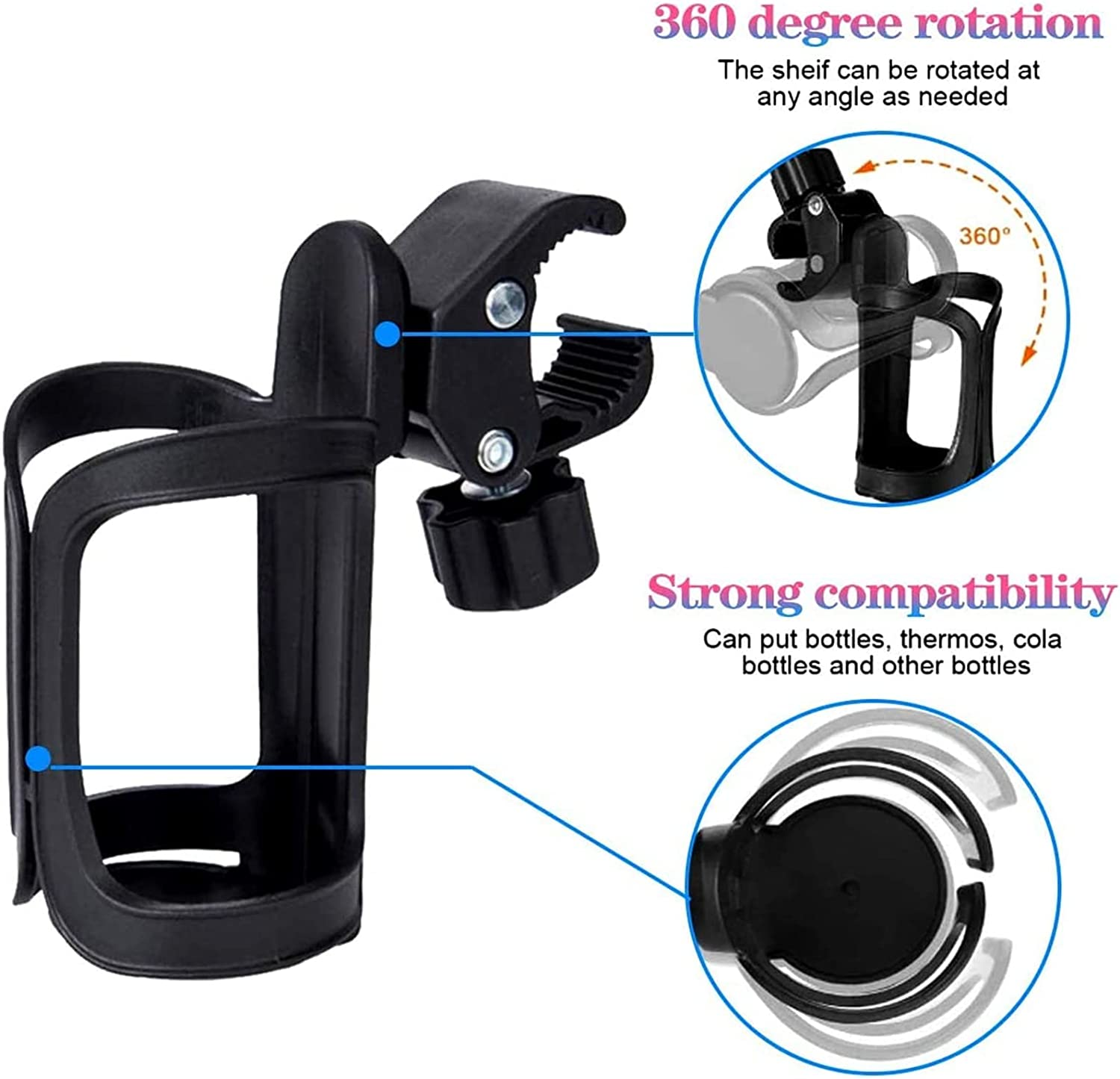 Bike Cup Holder 2 Pack Baby Stroller Bottle Holders 360 Degrees Rotation Anti-Slip Fast Dismounting Cup Drink Holder for Pushchair Bicycle Baby Stroller Wheelchair Motorcycle image number 2